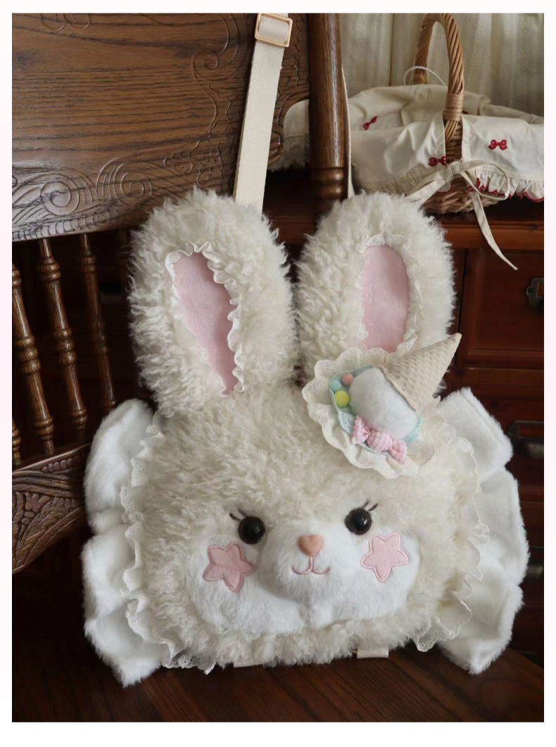 Cavernose - Sugar Star Bunny & Bear - Kawaii Lolita Bear & Bunny Plush Bag Medium size Off-white rabbit (with ice cream accessory)