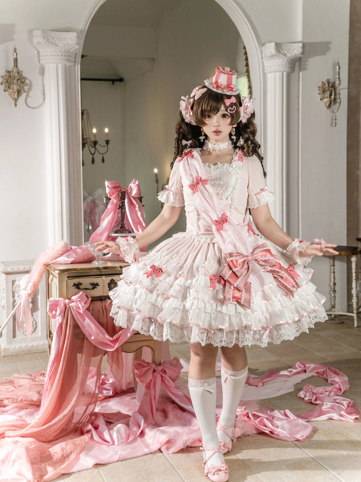 Sparkle Annie - Plus Size Sweet Lolita Top & SK Set, Cream Pink Pinstripe 45943:869225