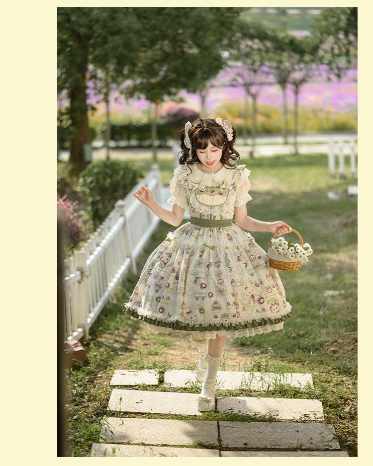 Urtto - Mangosteen Cat - Printed Country Lolita JSK, Pocketed Jacket