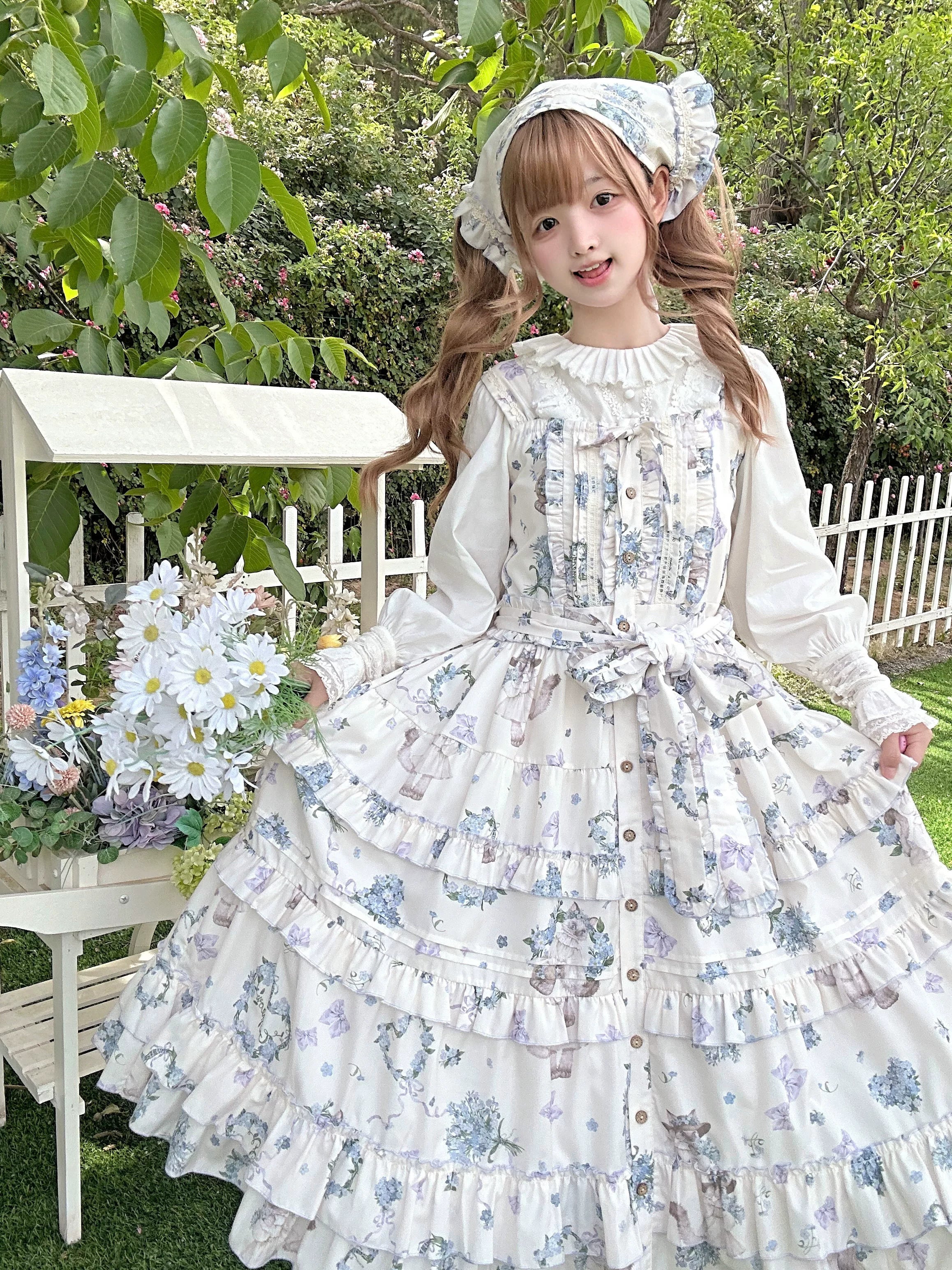 Meow Wreath - Classic Lolita Button Closure JSK Dress, Cat and Wreath Print