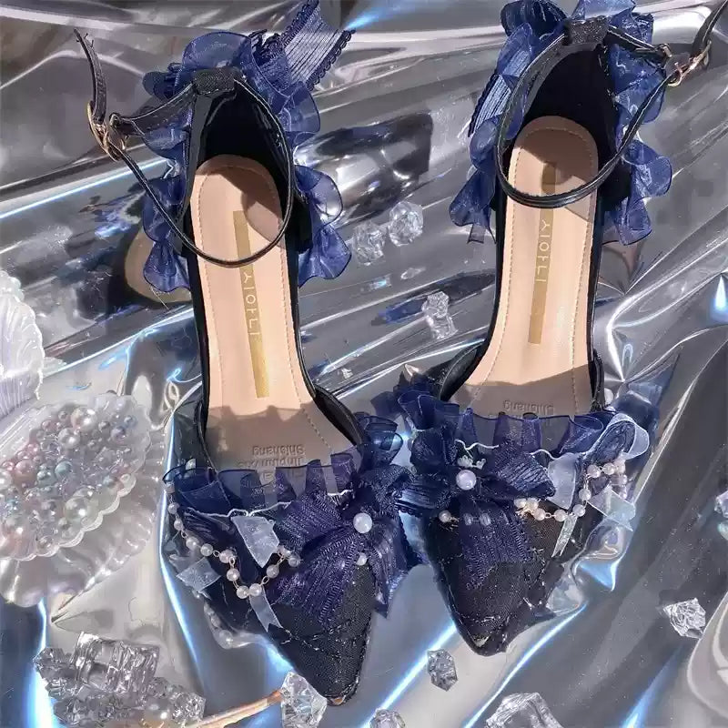 Ximeng Lolita - Deep Sea Hospital - Plus Size Wedding Lolita Bridal Shoes Customized Heels Dark blue without anklet - 7 cm / 2.8 inches 37