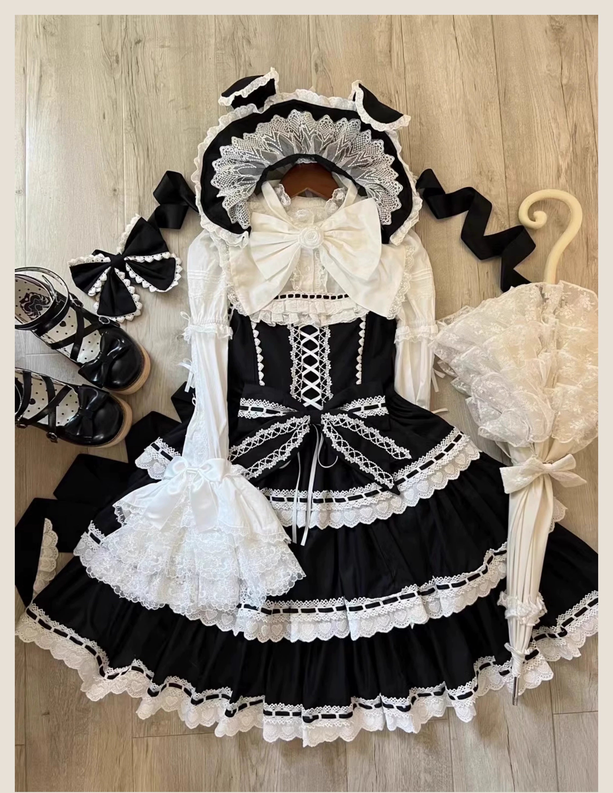TaTaTa Lolita - Otome Heart - Cotton Old School Lolita JSK Dress Suit, Heart-Shaped Lace Trim 43381:774559