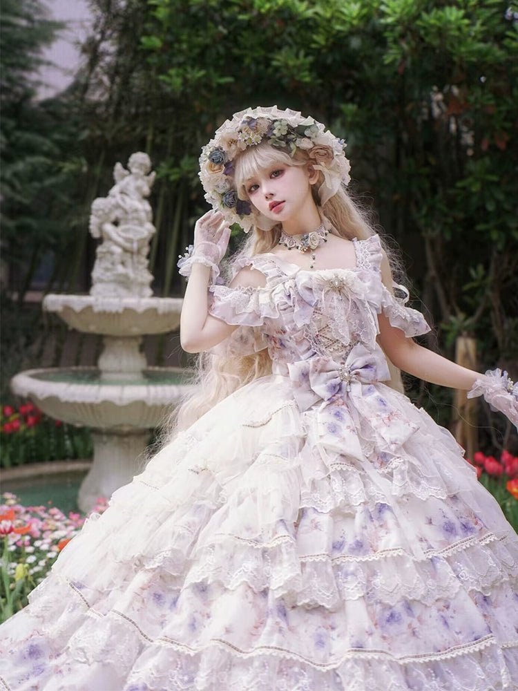 Cat Fairy - Rose Letter - Gorgeous Lolita JSK Princess Dress Chiffon Floral Printed Blue Dress