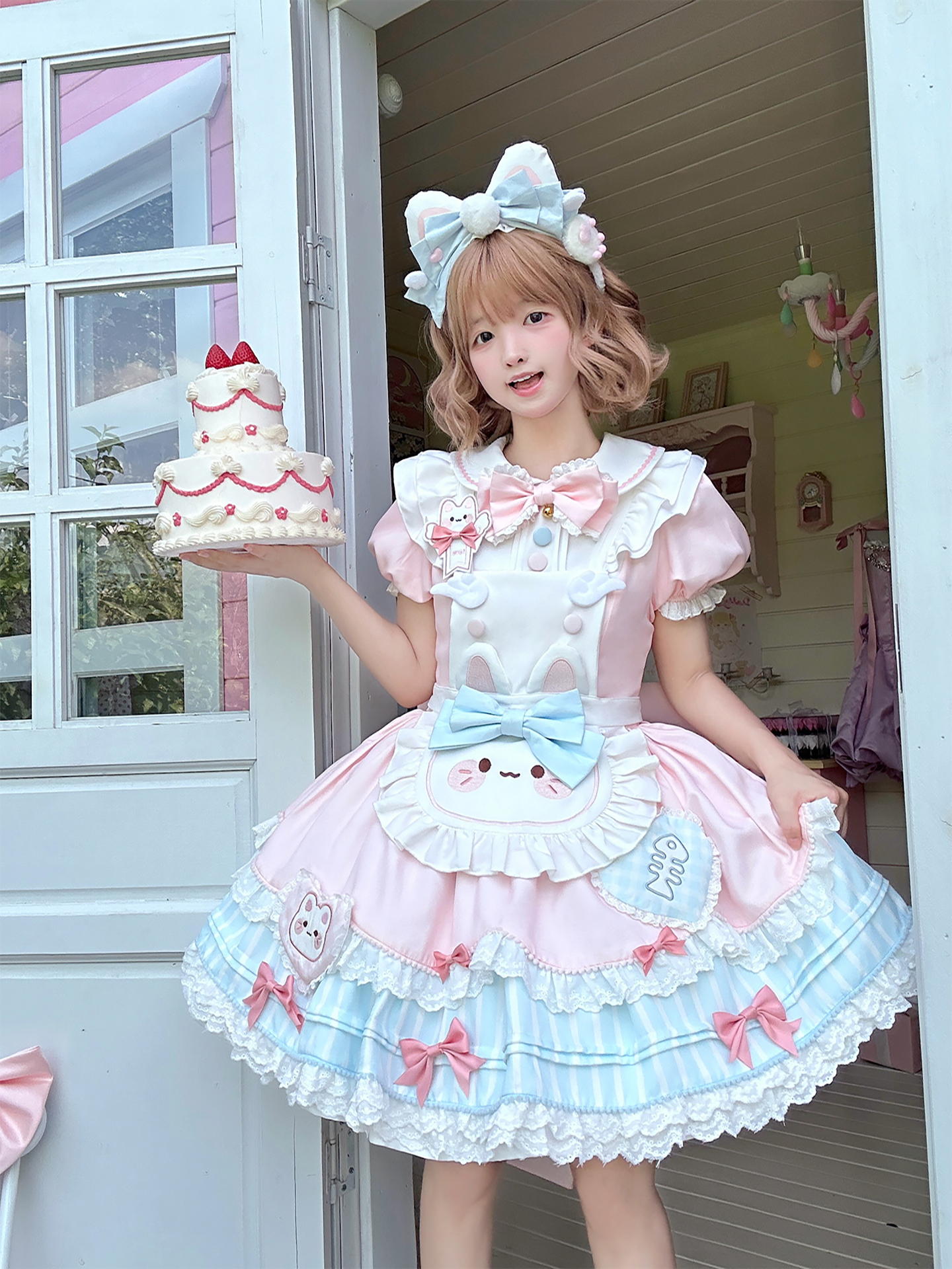 Jiuli Lolita - Nine Meow Bunny - Sweet Lolita Bunny Apron OP Dress, Back Zipper 44098:795727