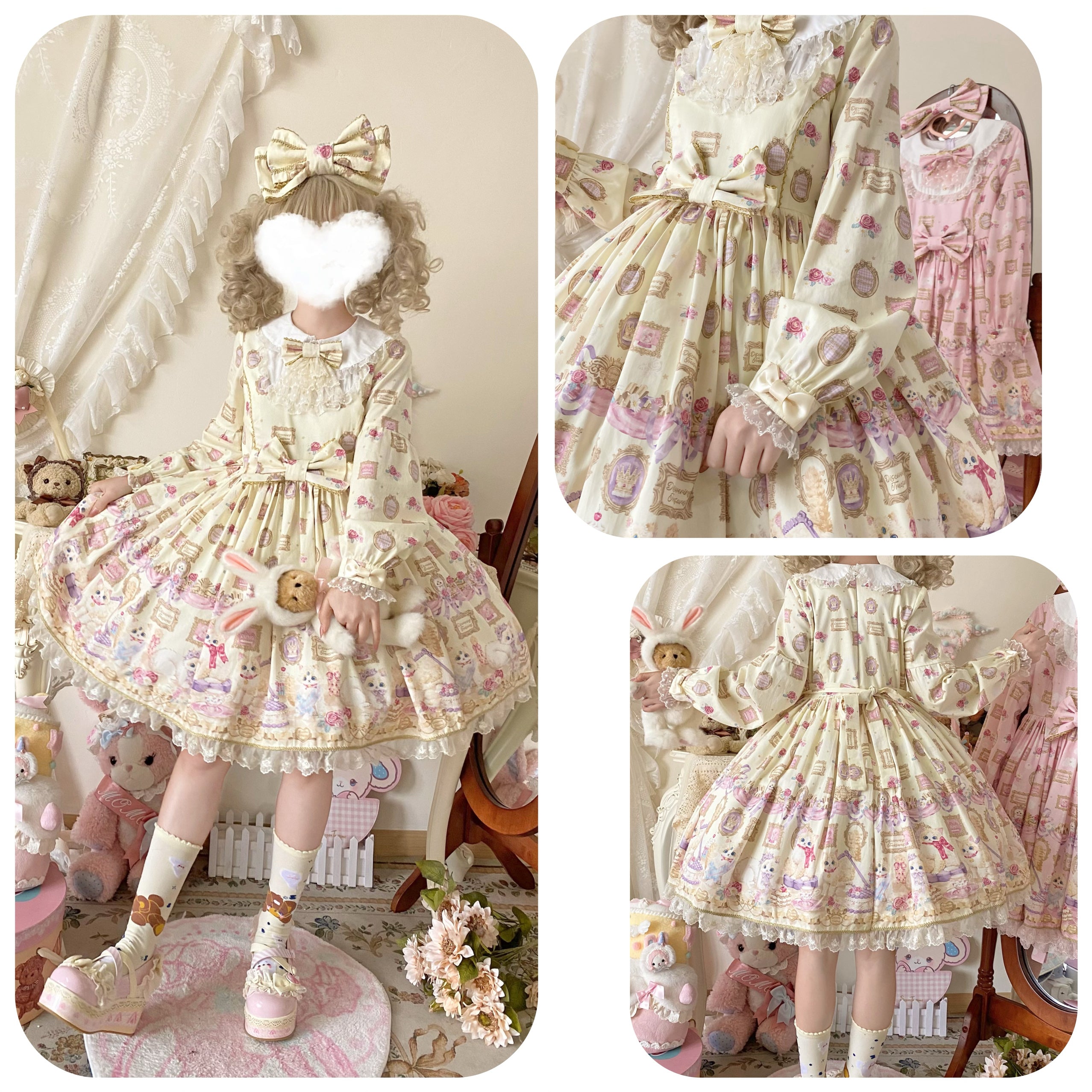 Discovering Treasures - Picture Frame Cat - Kawaii Lolita Dress Suit Cat Print JSK and OP 42605:746444