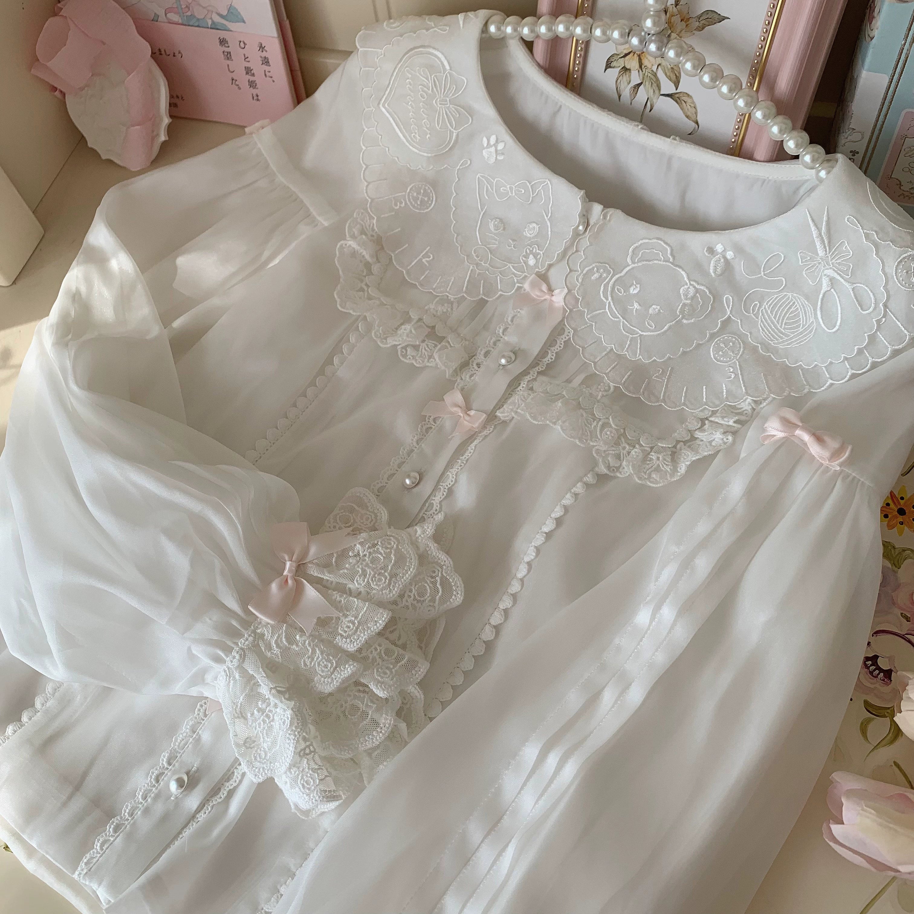 Flower Banquet - Sweet Lolita Blouse Embroidered Shirt with Long Sleeve S White X Pink Bow