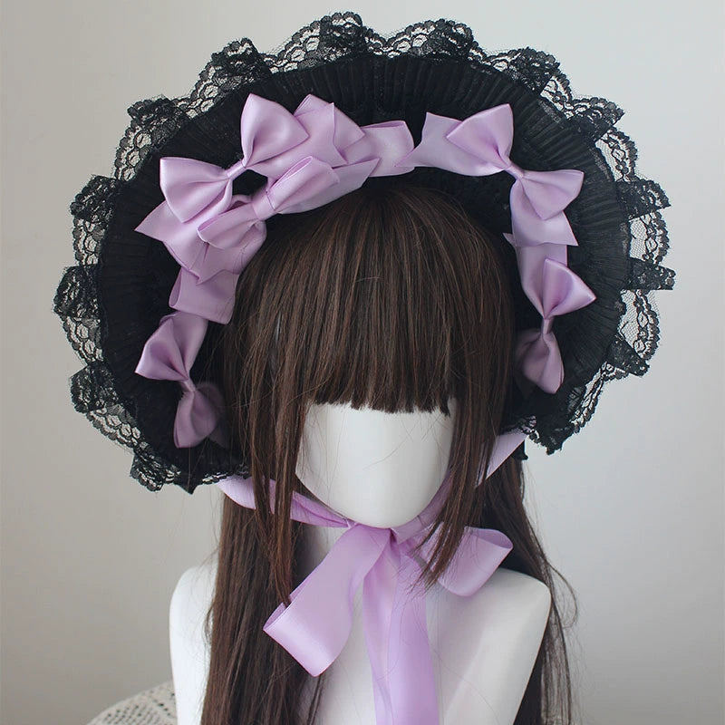 Deer Girl - Gothic Lolita Handmade Bonnet with Bows and Beads light purple bow-tie style