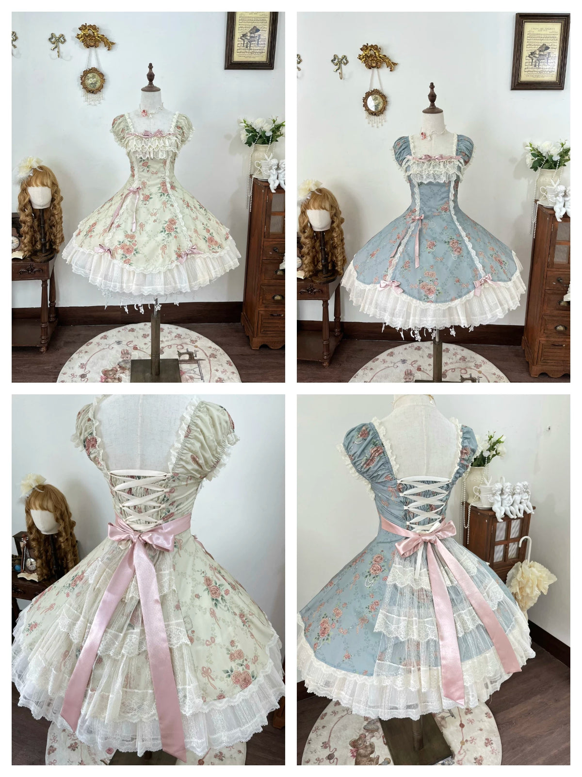 Pearl & Rose - Old School Lolita Floral Print Lolita OP Dress, Back Opening 45925:868412