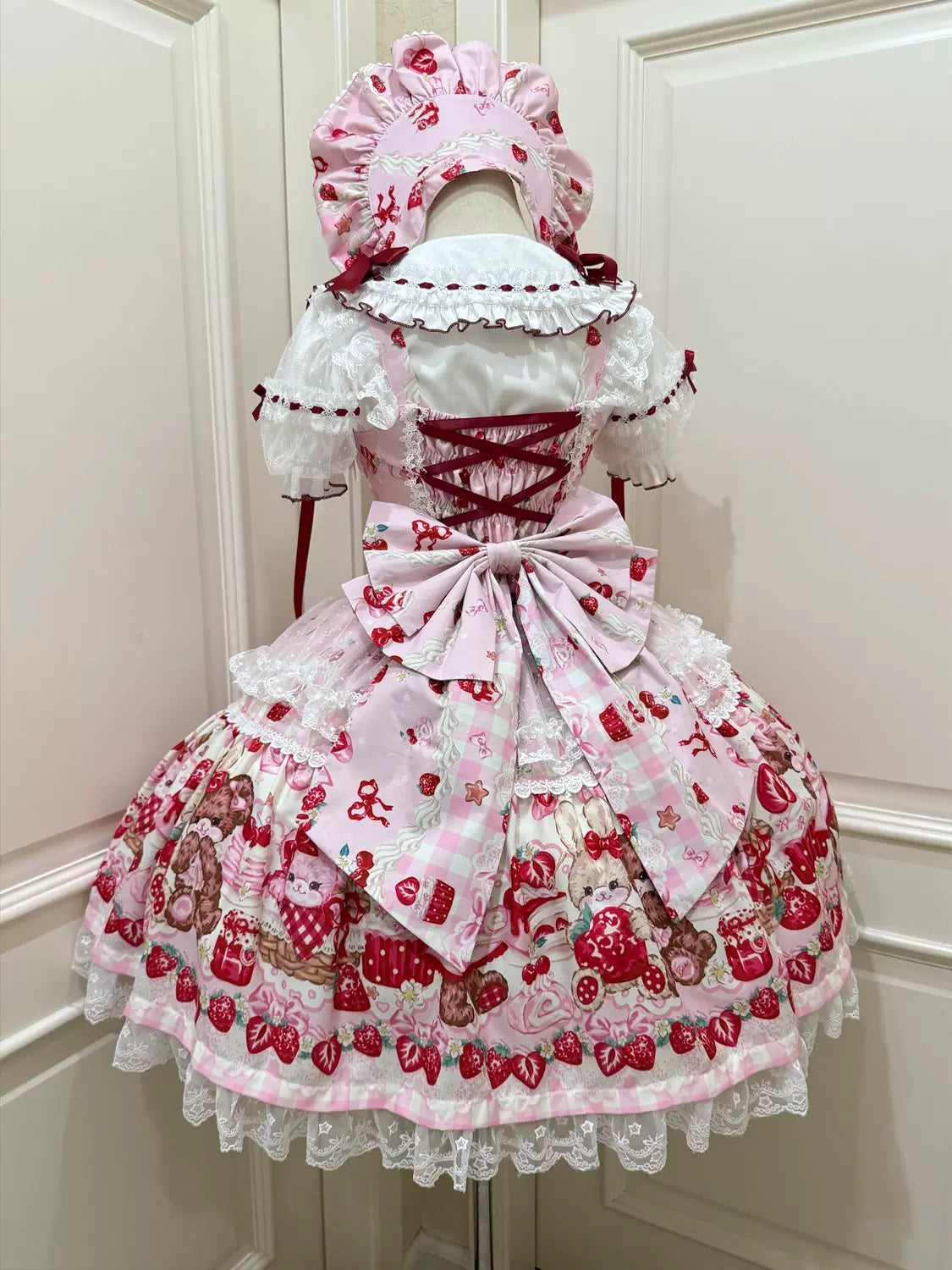 SweetBerry Bunny Bear - Sweet Lolita Tiered Lace JSK Dress, Strawberry and Bear Print Pink - JSK + Back Trailing Bow S