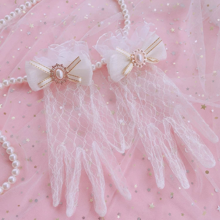 Handmade Lolita Wedding Lace Gloves One size White Lace Gloves (with bow)