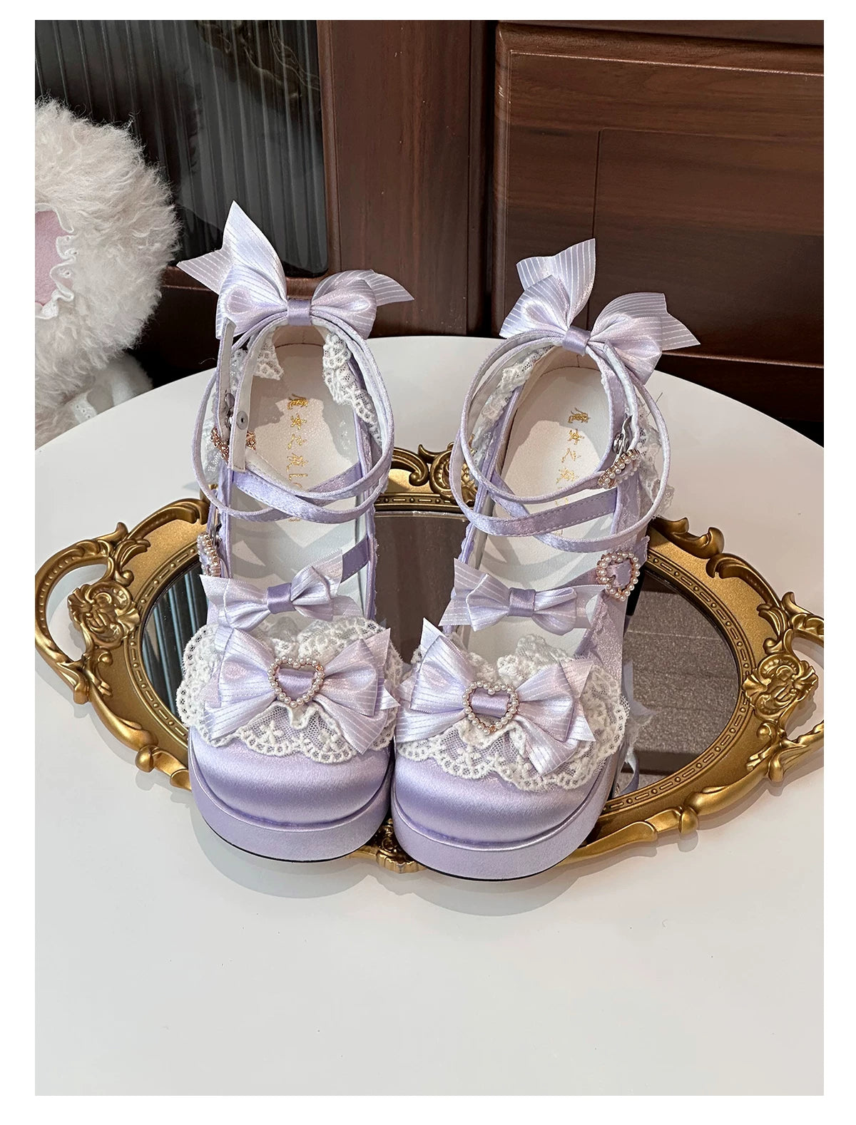 Romance of Hearts - Sweet Lolita Chunky Heeled Shoes, Pearl Heart Accents 45692:859306