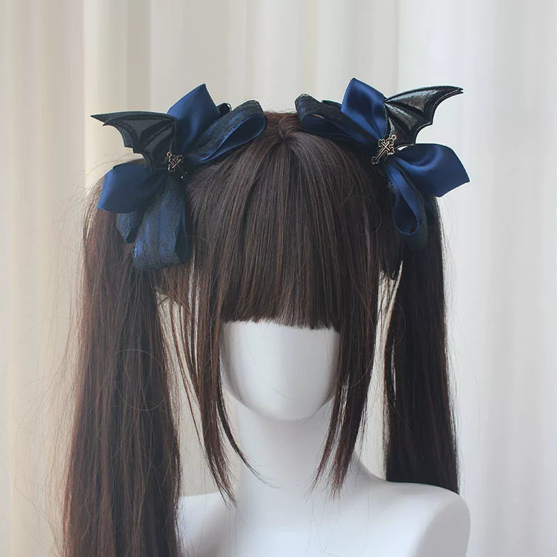 Gothic Lolita Hair Clips, Cross & Devil Wings Navy Blue