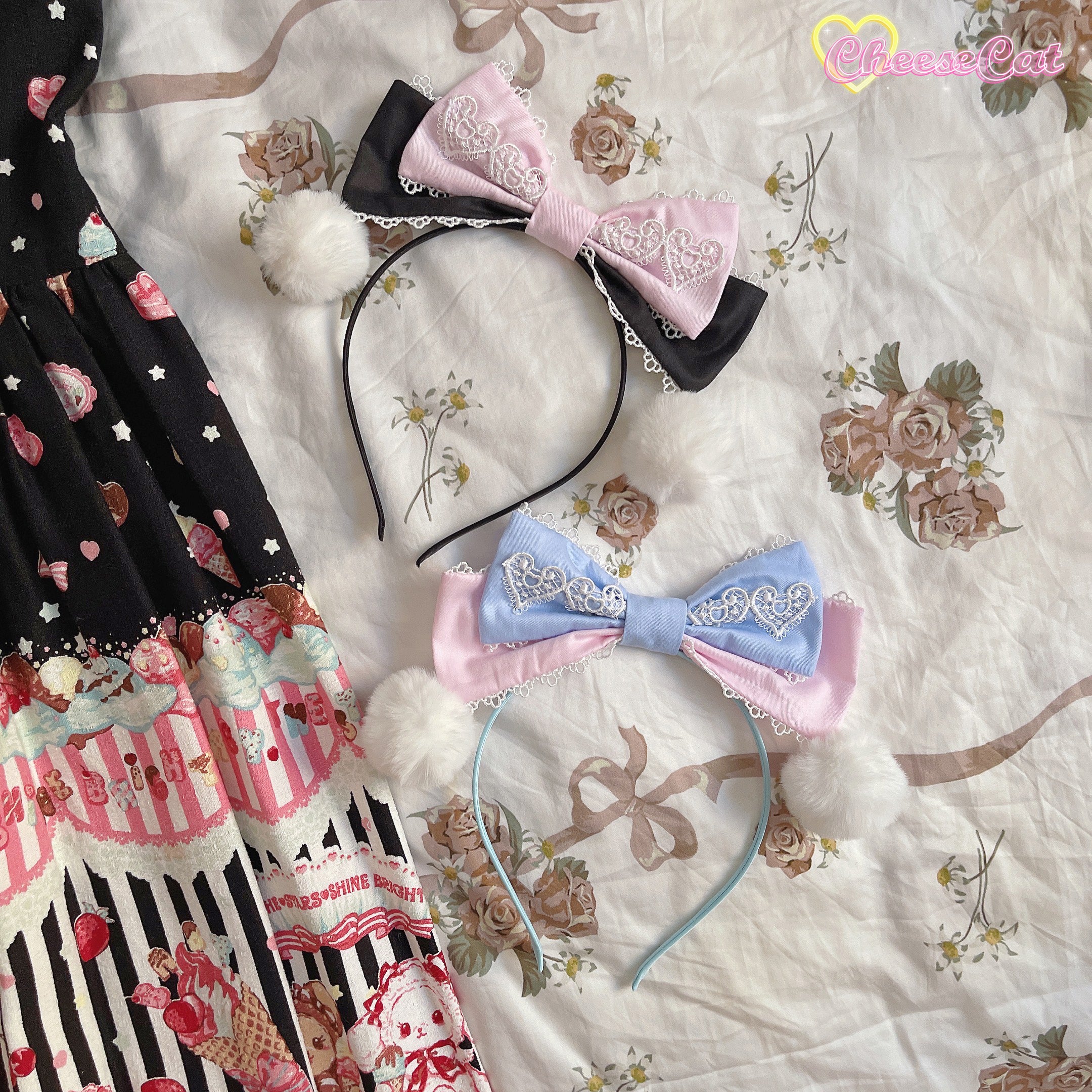 Cheese Cat - Cute and Fluffy Rabbit Ear Lolita KC black blue bow kc