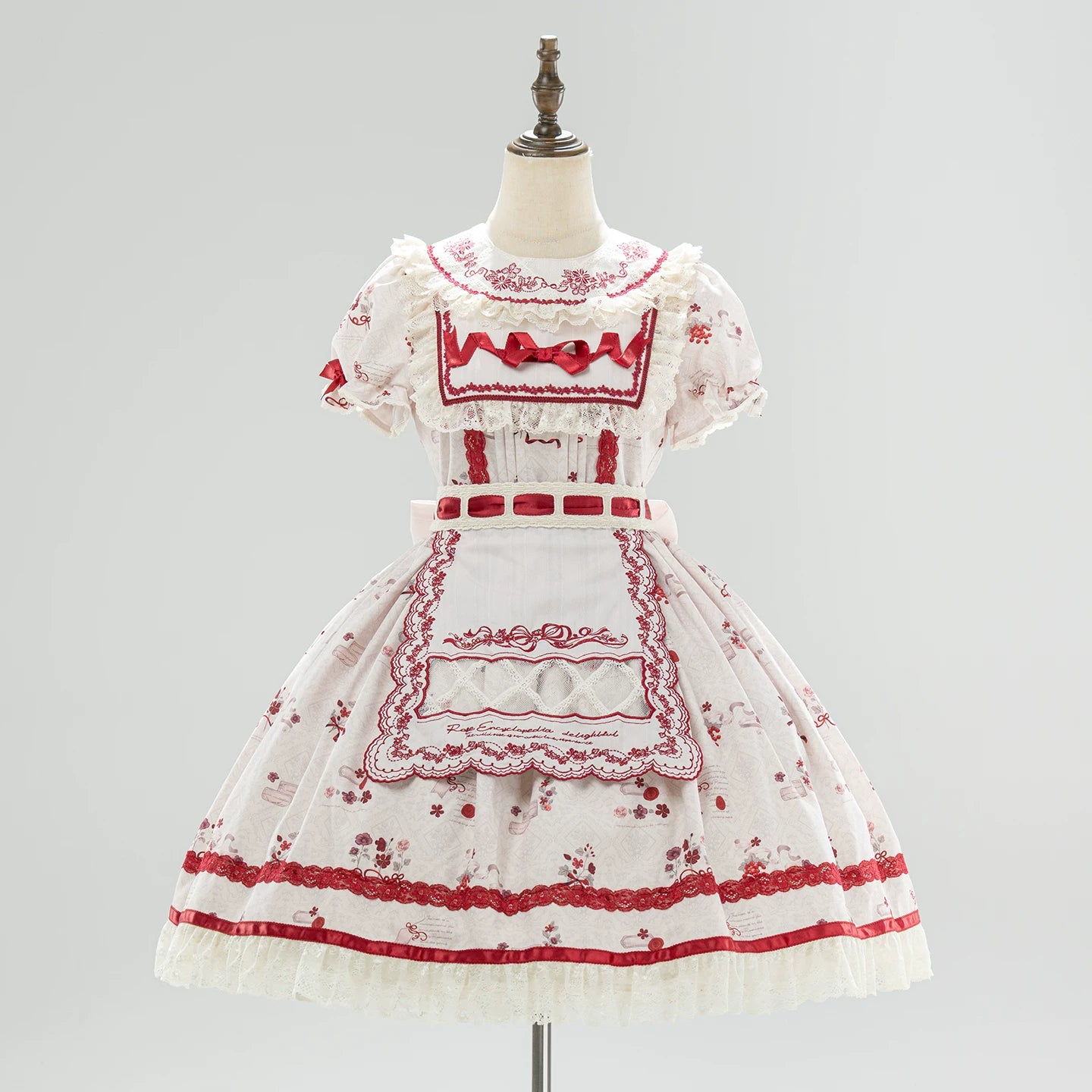 Rose Catalogue - Printed Sweet Lolita OP Dress, Embroidered Apron Red - OP + Embroidered Apron S