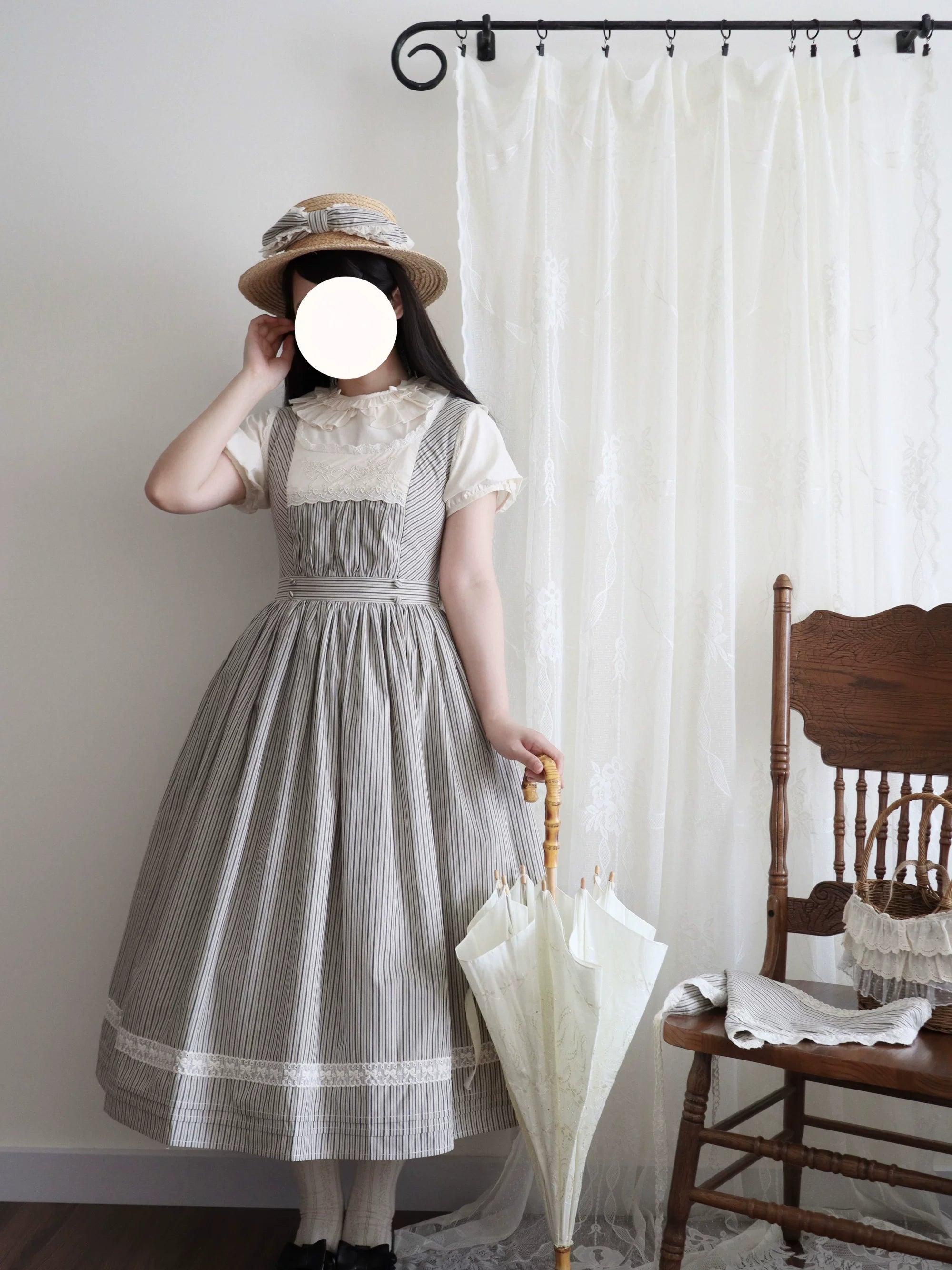 Stripe Minuet - Classic Lolita Striped JSK Dress, Embroidered Neckline 45317:845341