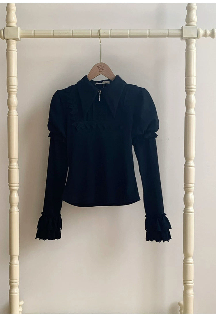 With PUJI - The Vow - Solid Lolita Sweater, Juliet Sleeve, Pointed Collar Black S