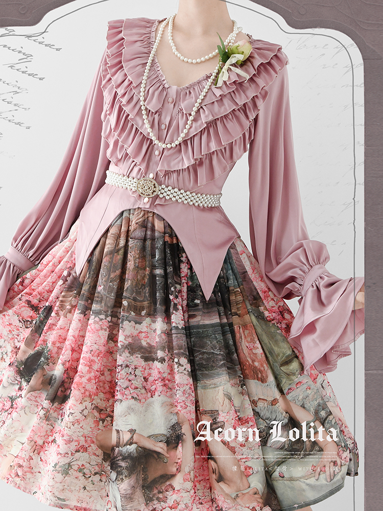 Acorn Lolita - Penetrating - Gothic Lolita Shirt with Long Sleeve and Rib Style Ruffles Pink XS