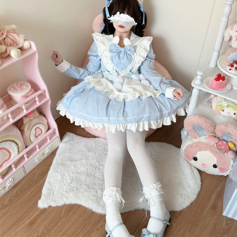 Sweet Bunny Pom-pom - Maid Lolita Bunny Ear Collar OP Dress, Detachable Apron