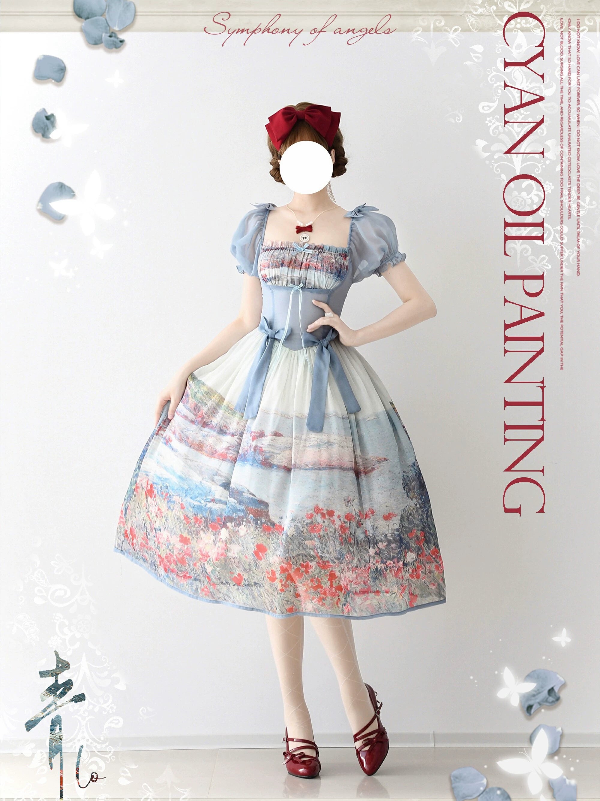 Lo-cyan Lolita - Island Garden - Elegant Lolita OP Dress Oil Painting Print V-Waist Bow Dress