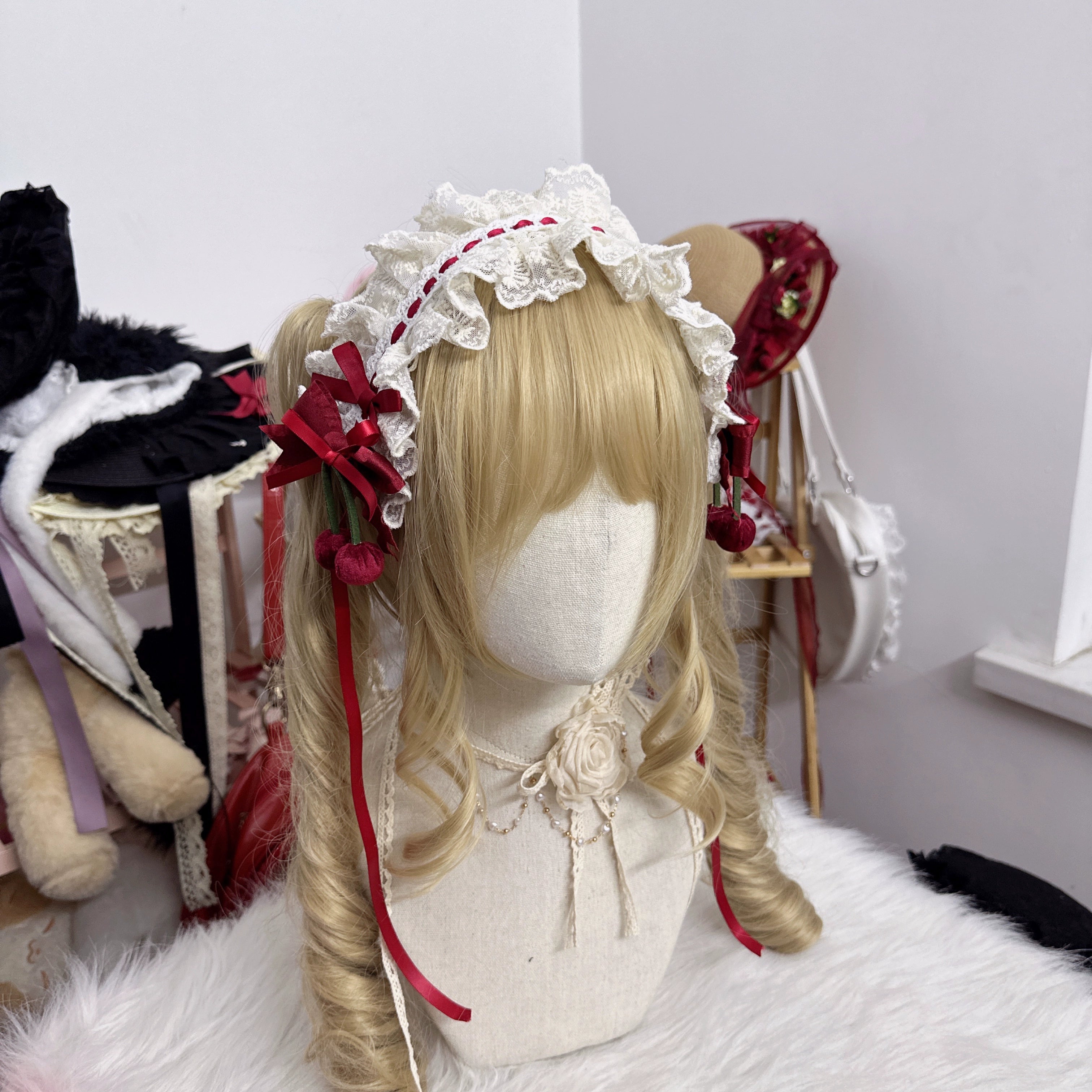 Chestnut Lolita~Sweet Lolita Headdress Cherry Hair Clip Straw Hat Necklace Handmade Set headband (headband) 36098:523252