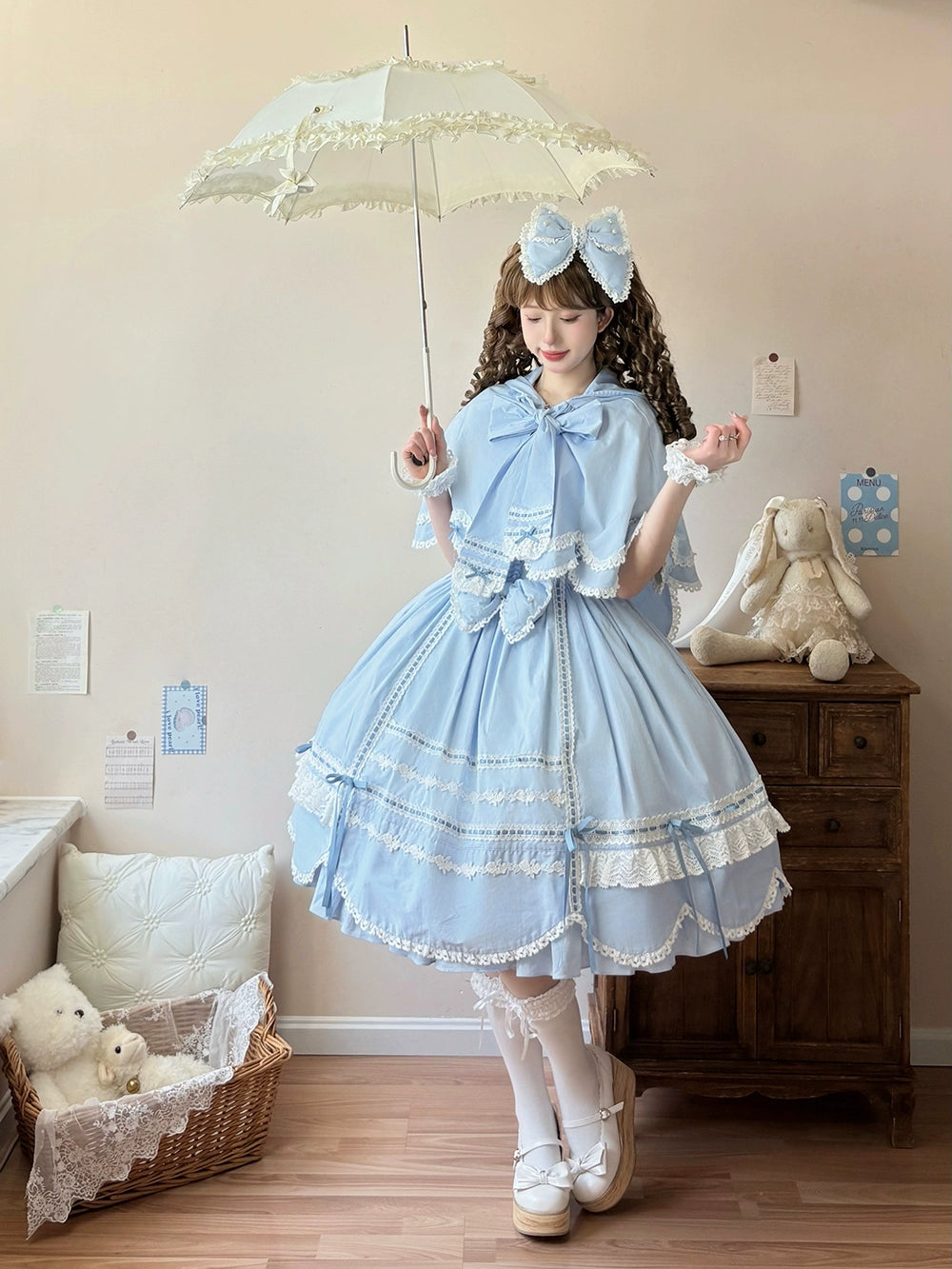 Vintage Petal Rabbit - Pure Cotton Kawaii Lolita Cape With Rabbit Ear Hood 43138:767100