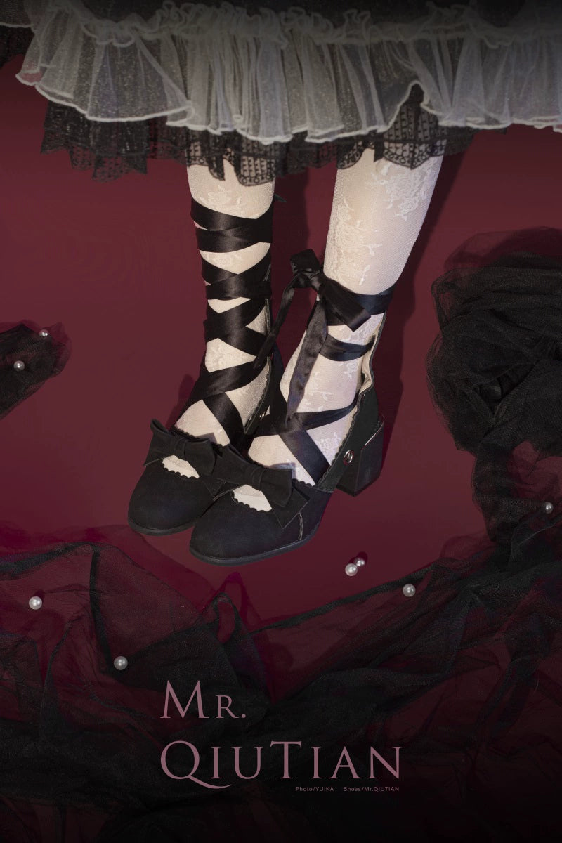 MR.Qiutian - Muse Kiss - Elegant Lolita Shoes Lace-up Bow Heels Round Toe 35 Suede Black-3.5cm Mid Heel