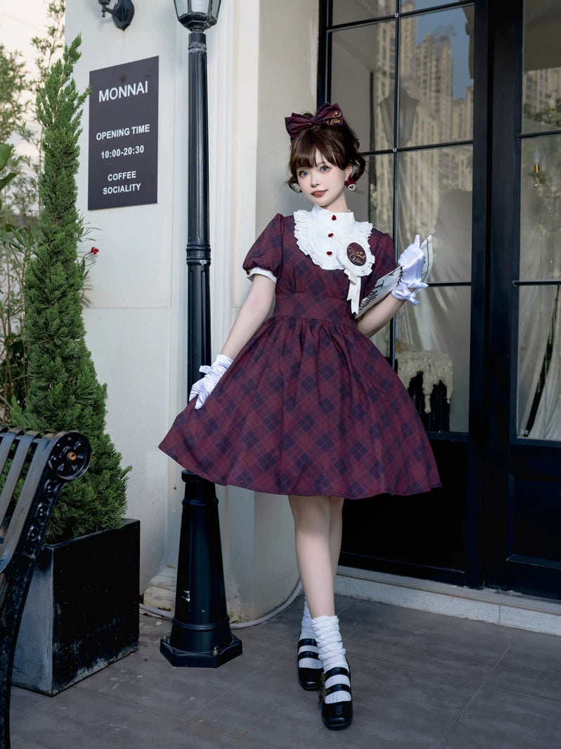 Showa Girl - Classic Lolita Showa Retro Idol Plaid OP Dress Burgundy OP + Badge + KC S