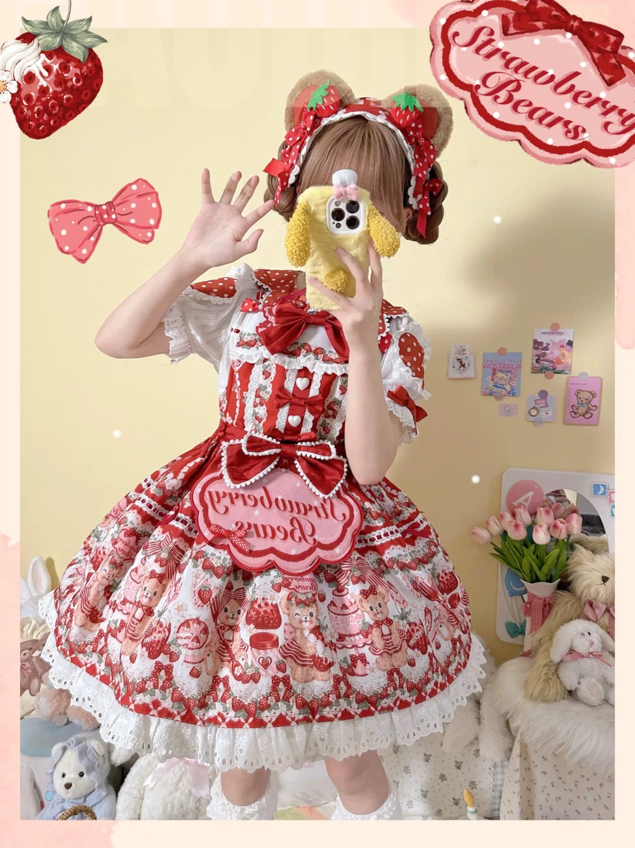 Strawberry and Bear - Printed Sweet Lolita JSK Dress, Heart Shaped Collar Shirt