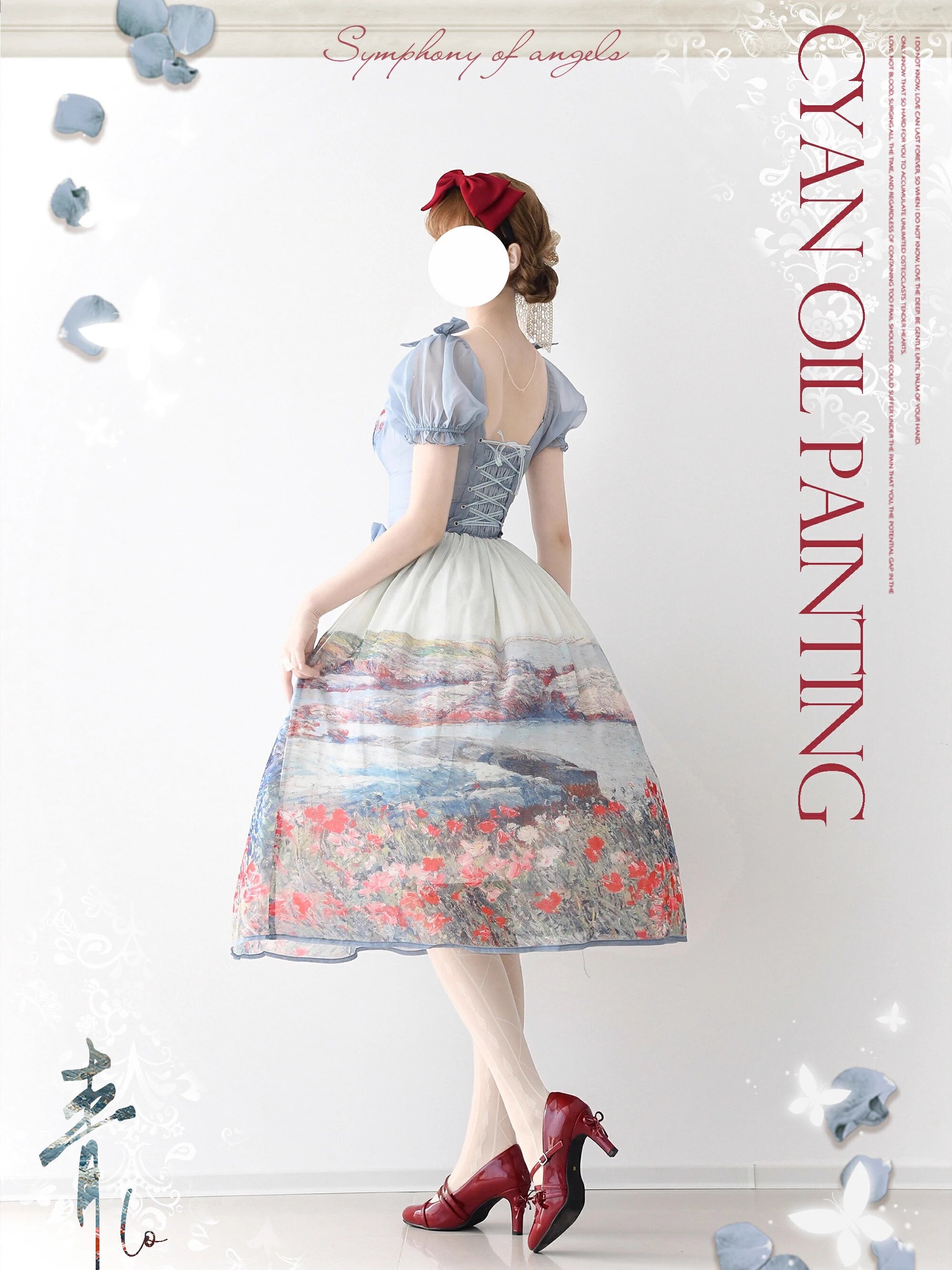 Lo-cyan Lolita - Island Garden - Elegant Lolita OP Dress Oil Painting Print V-Waist Bow Dress