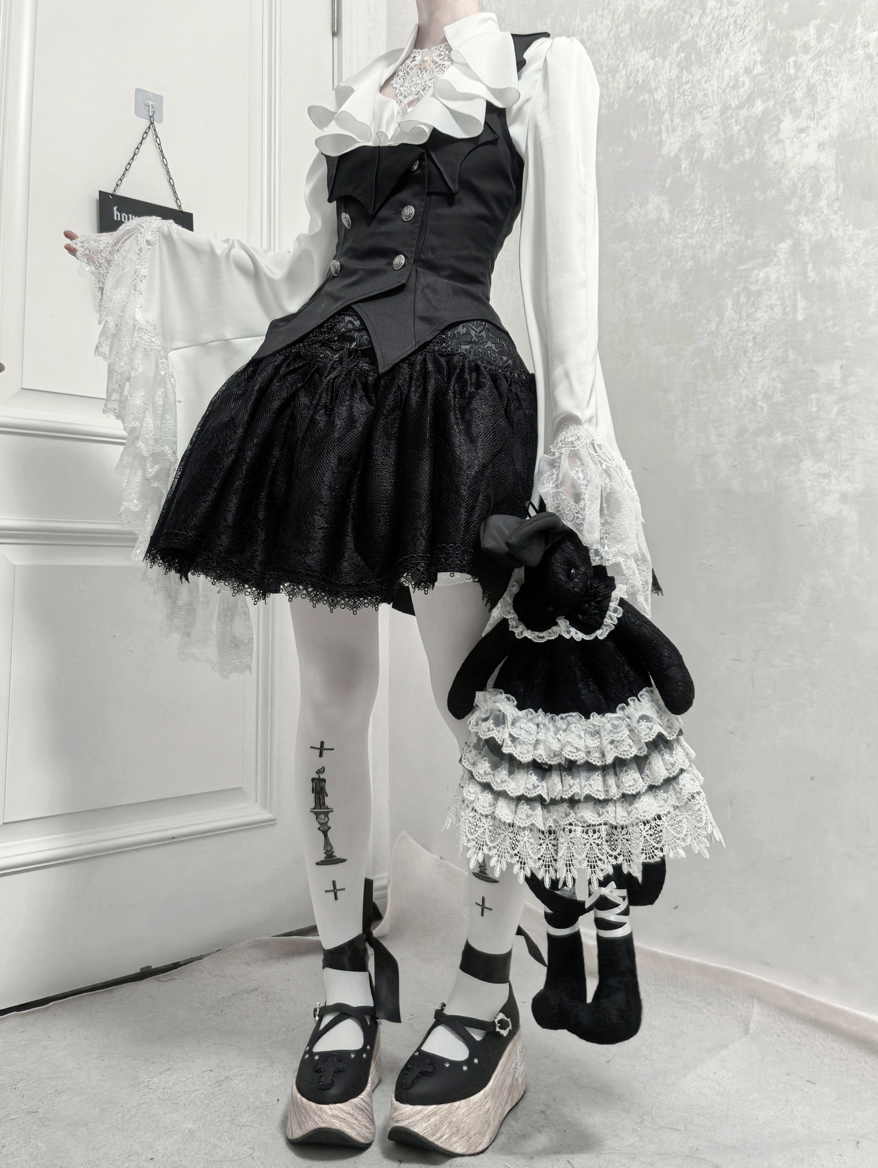 Acorn Lolita - Butterfly Shadow - Gothic Lolita Ruffled Shirt, Tailcoat Style