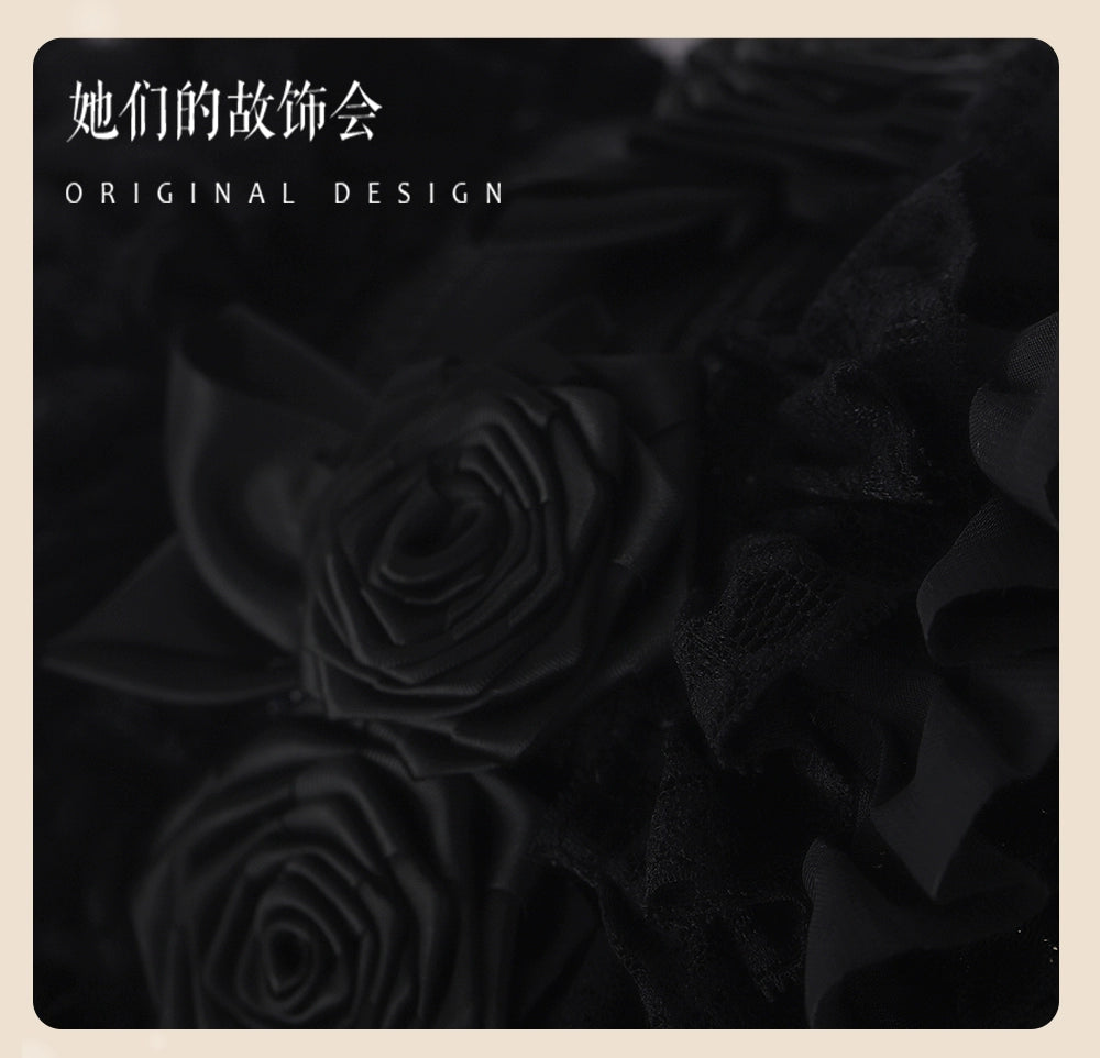 The Accessories' Story - Gothic Lolita Black Hat, Rose & Bead Tassels