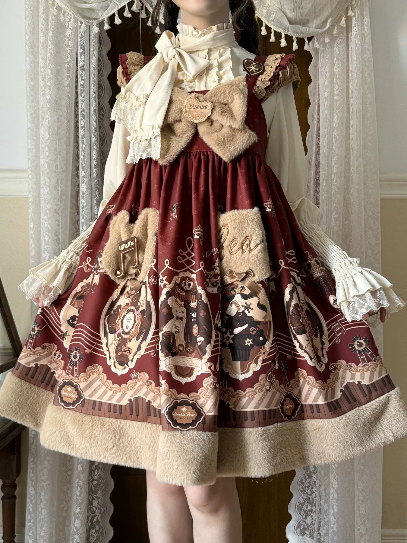 Cream Bear - Print Kawaii Lolita Fake Two-Piece OP, A-lined JSK Dress 44502:811664