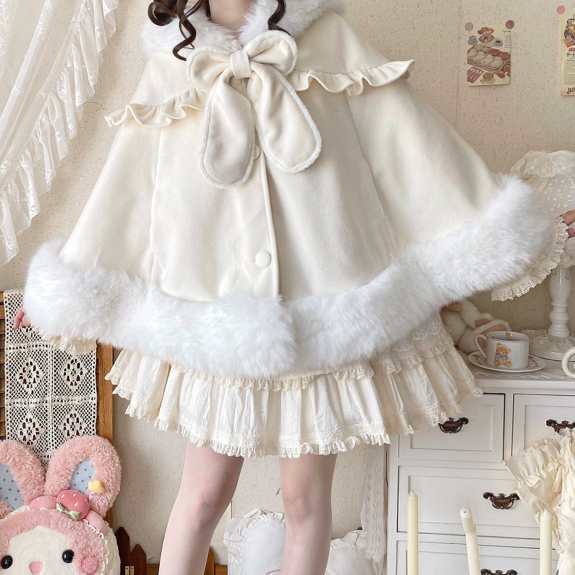 Qianmu - Lop Bunny - Kawaii Lolita Plush Hooded Cape Apricot One Size