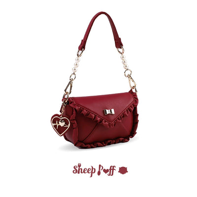 Sheep Puff~Love Letter~Sweet Lolita Bow Solid Color Women's Bag red small size  