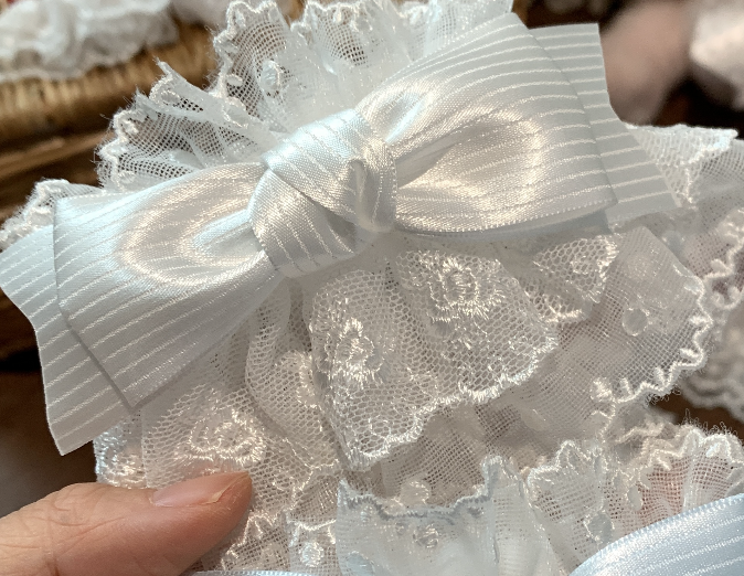 Roji Roji - Sweet Lolita Lace Bow Cuffs, Elastic Wrist Suitable Wrist Circumference 15-30cm White Lace With White Bow