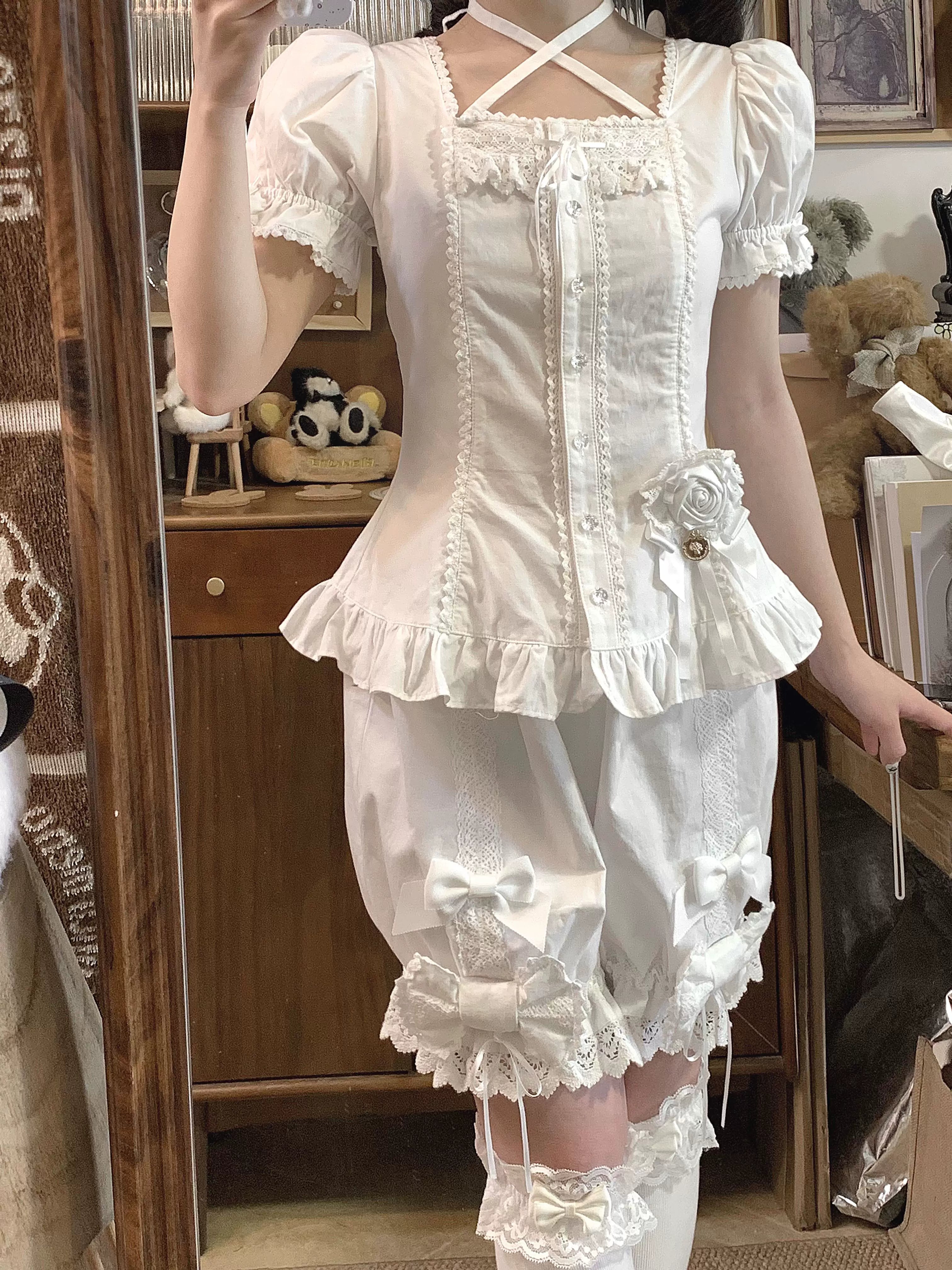 Haruhime Momoko - Old School Lolita Blue Cotton Blouse, Cross Halter Neck 45749:860729