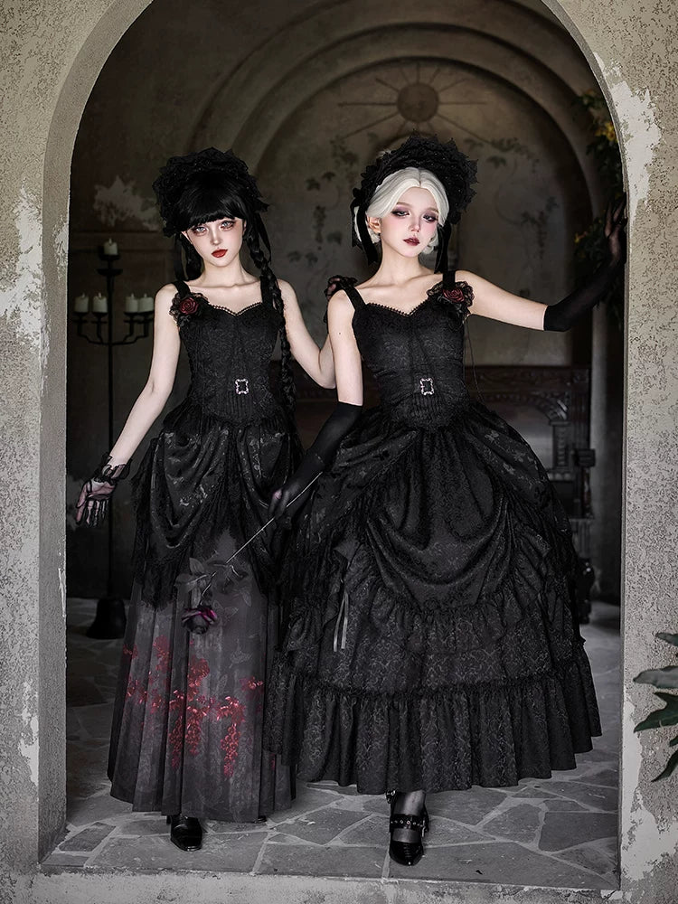 Under the Hanging Moon - Black Gothic Lolita SK Set, Modified Mamian Skirt