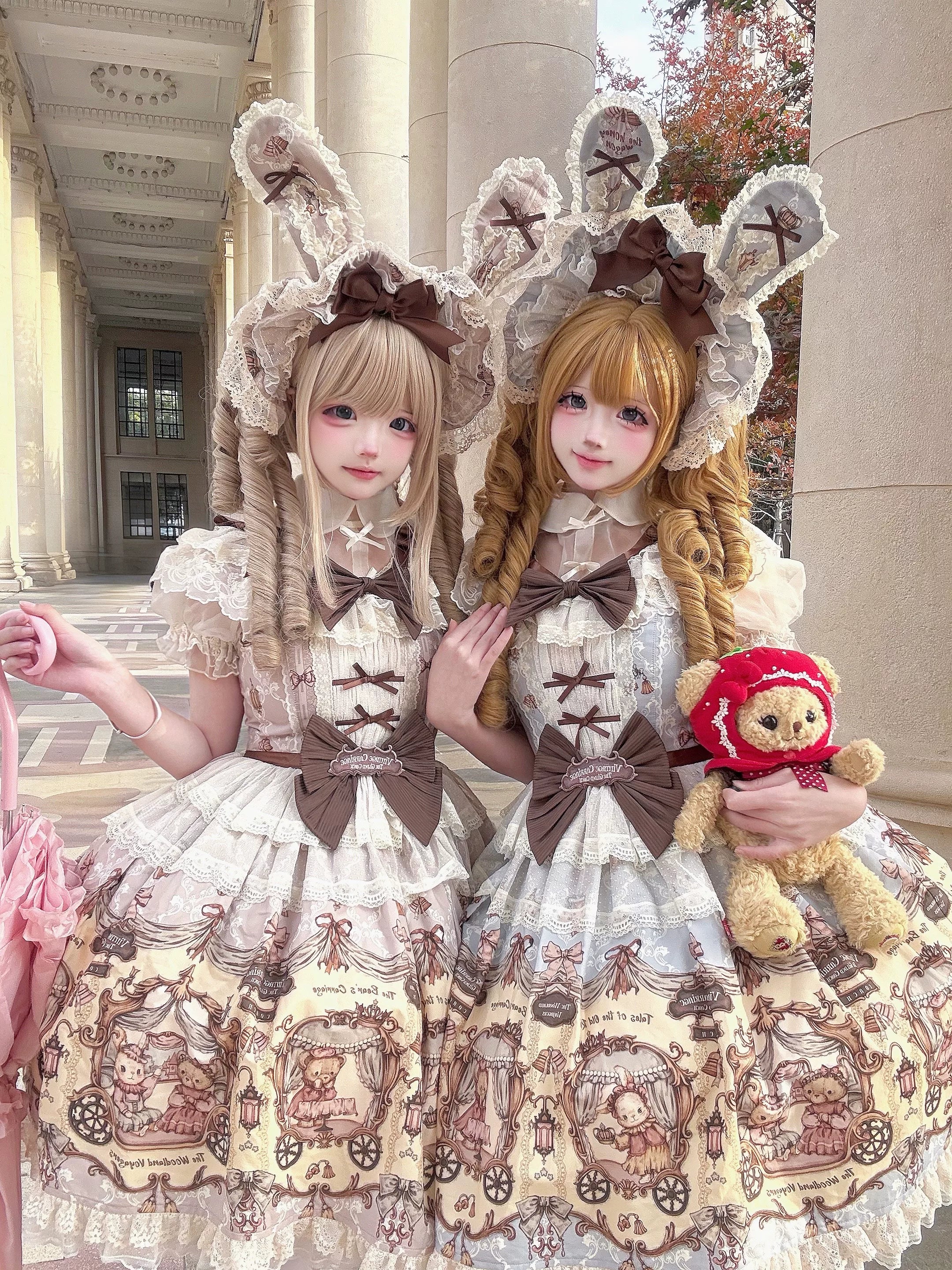 Bunny and Bear - Printed Sweet Lolita Dress, Lace and Bow Details