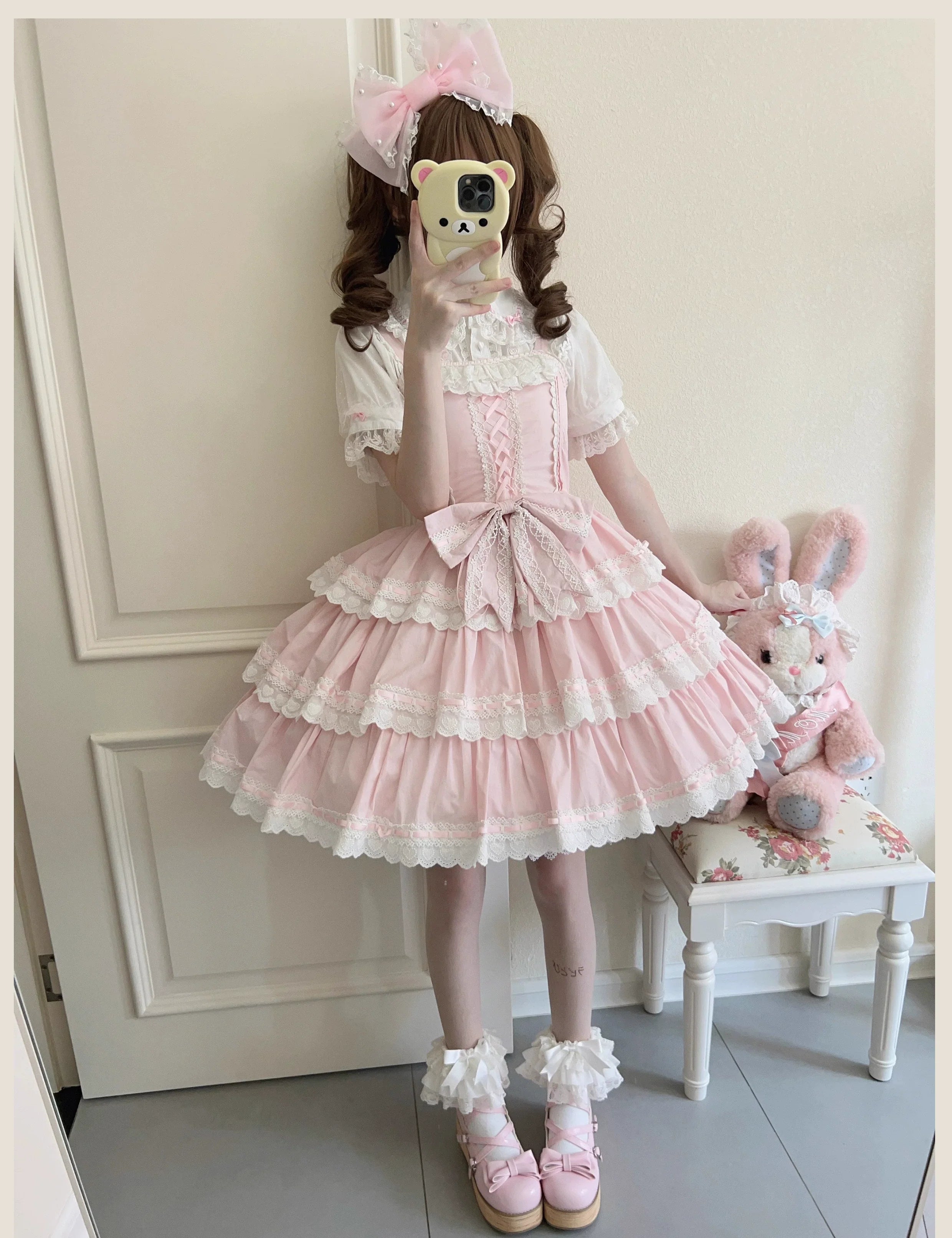 TaTaTa Lolita - Otome Heart - Cotton Old School Lolita JSK Dress, Heart-Shaped Lace Trim 44546:812926
