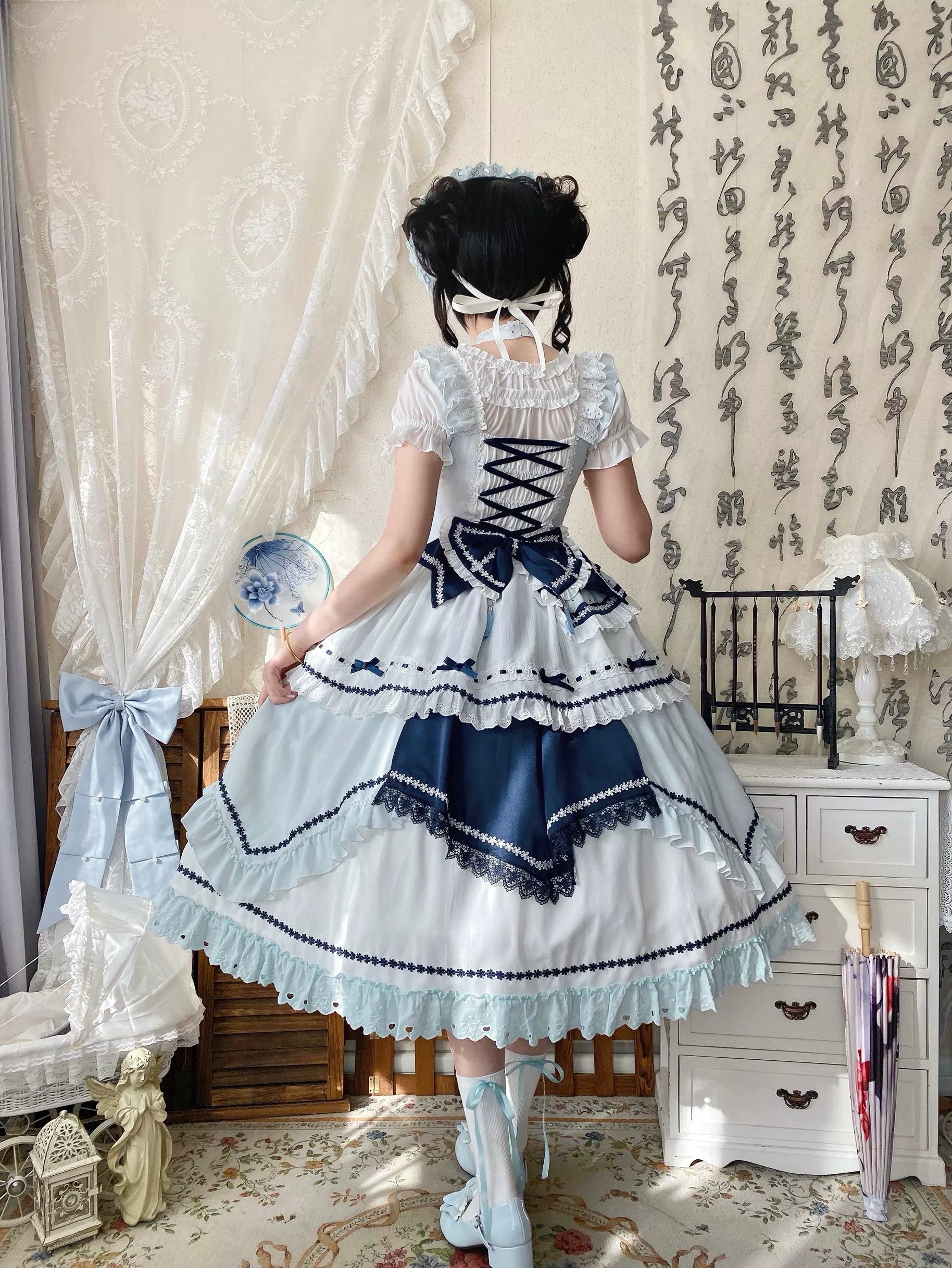 Blue and White Dream - Classic Lolita JSK Dress, Irregular Layered Hem
