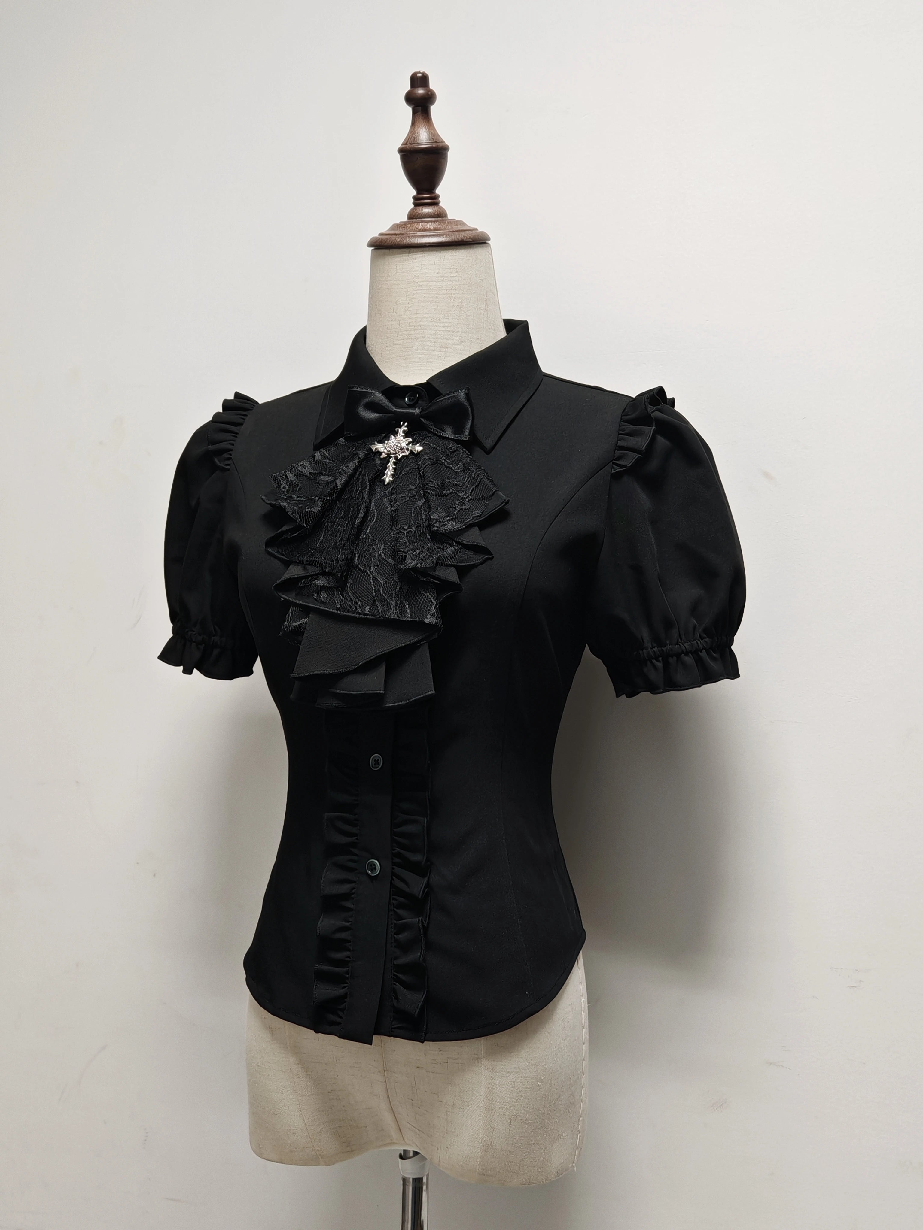 Butterfly Shadow - Halloween Gothic Lolita Fishbone Skirt & Shirt, Butterfly Print Black - Short Sleeve Blouse S