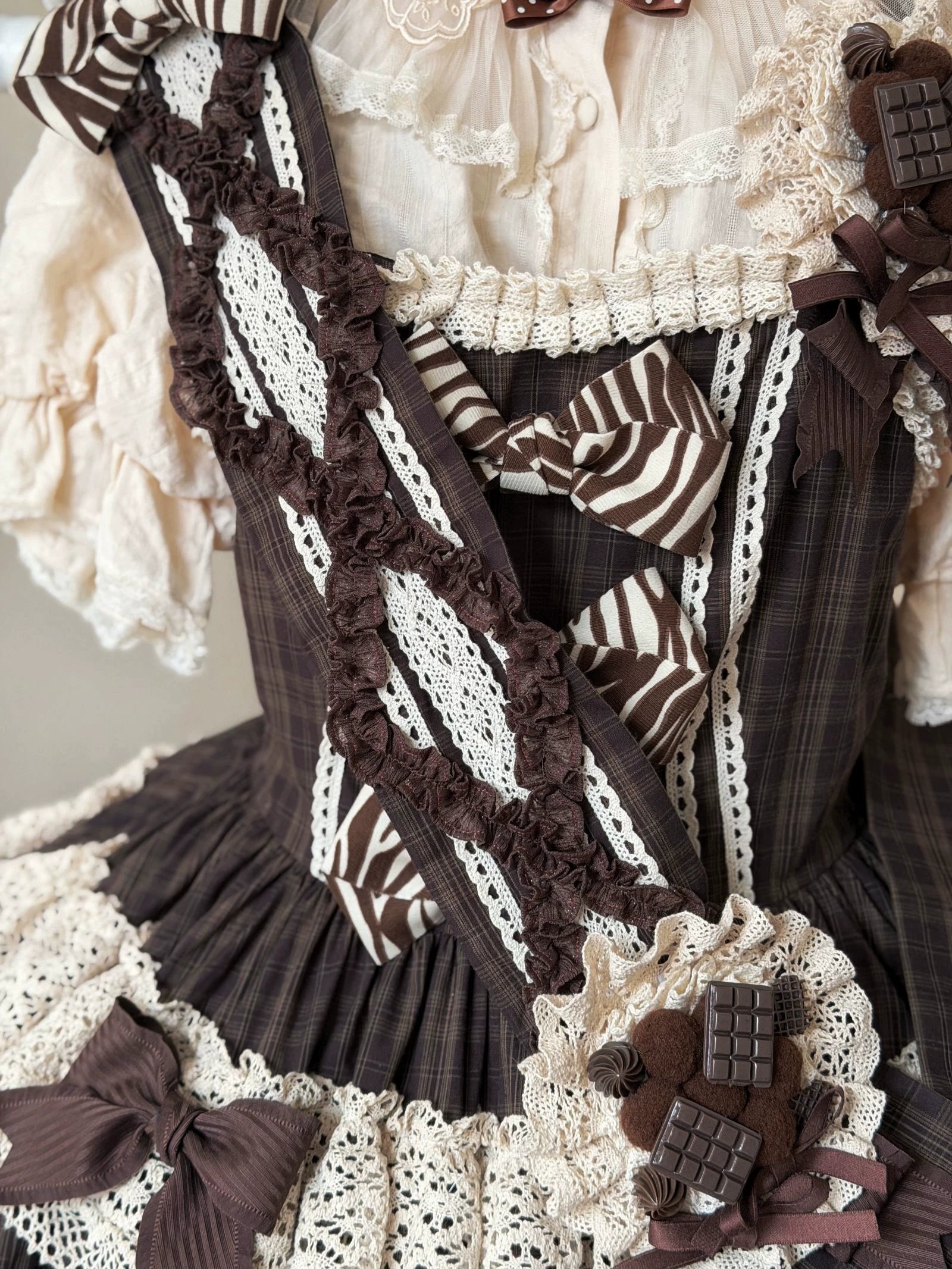 Coco Grace - Plaid Kawaii Lolita JSK Dress, Layered Ruffle & Bow Sash + Badge One Size