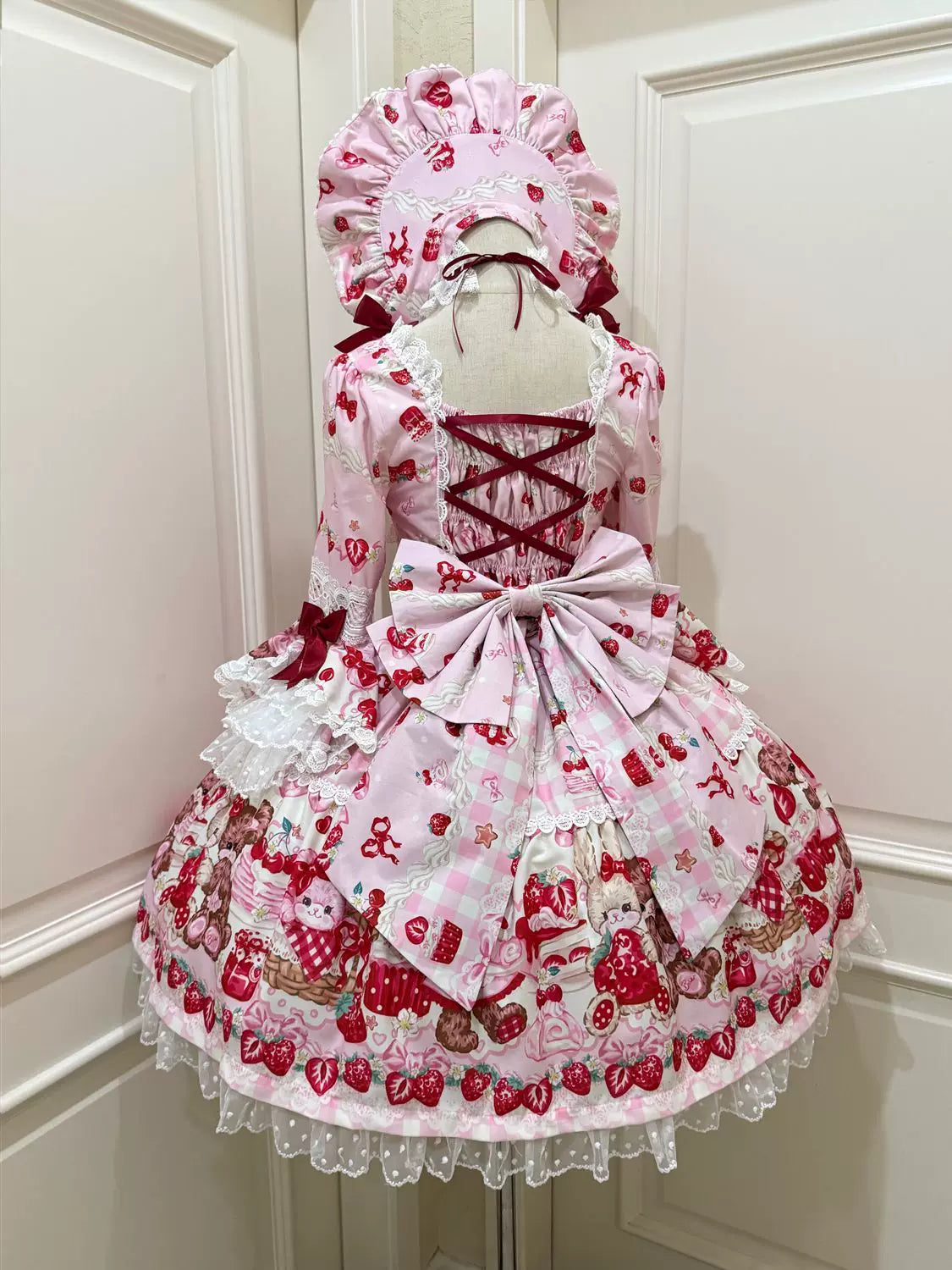 SweetBerry Bunny Bear - Sweet Lolita Hime Sleeve OP Dress, Strawberry and Bear Print Pink - OP + Back Trailing Bow S
