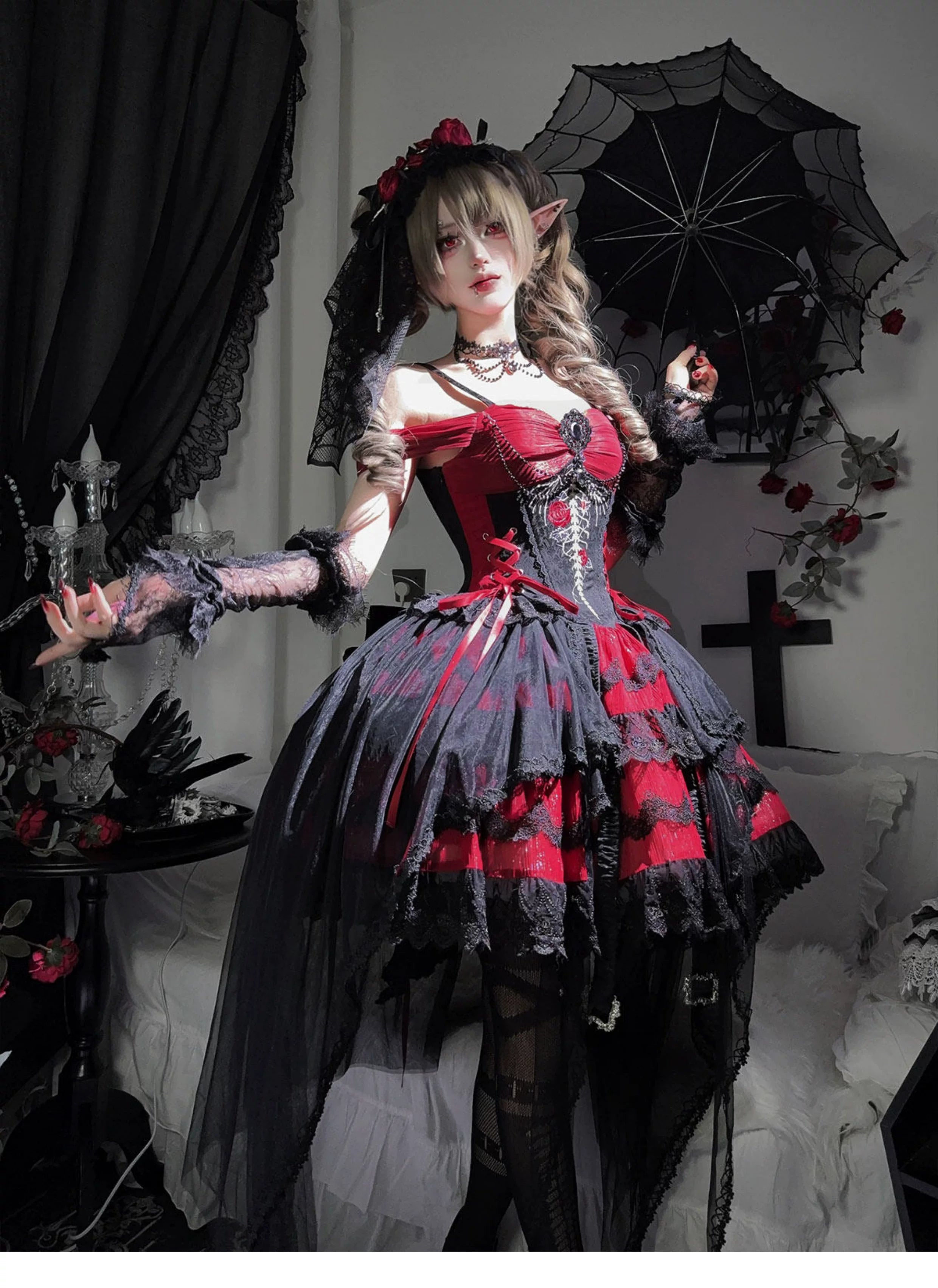 Eternal Thorn of the Dragonbone - Embroidered Gothic Lolita JSK Dress, Off-Shoulder