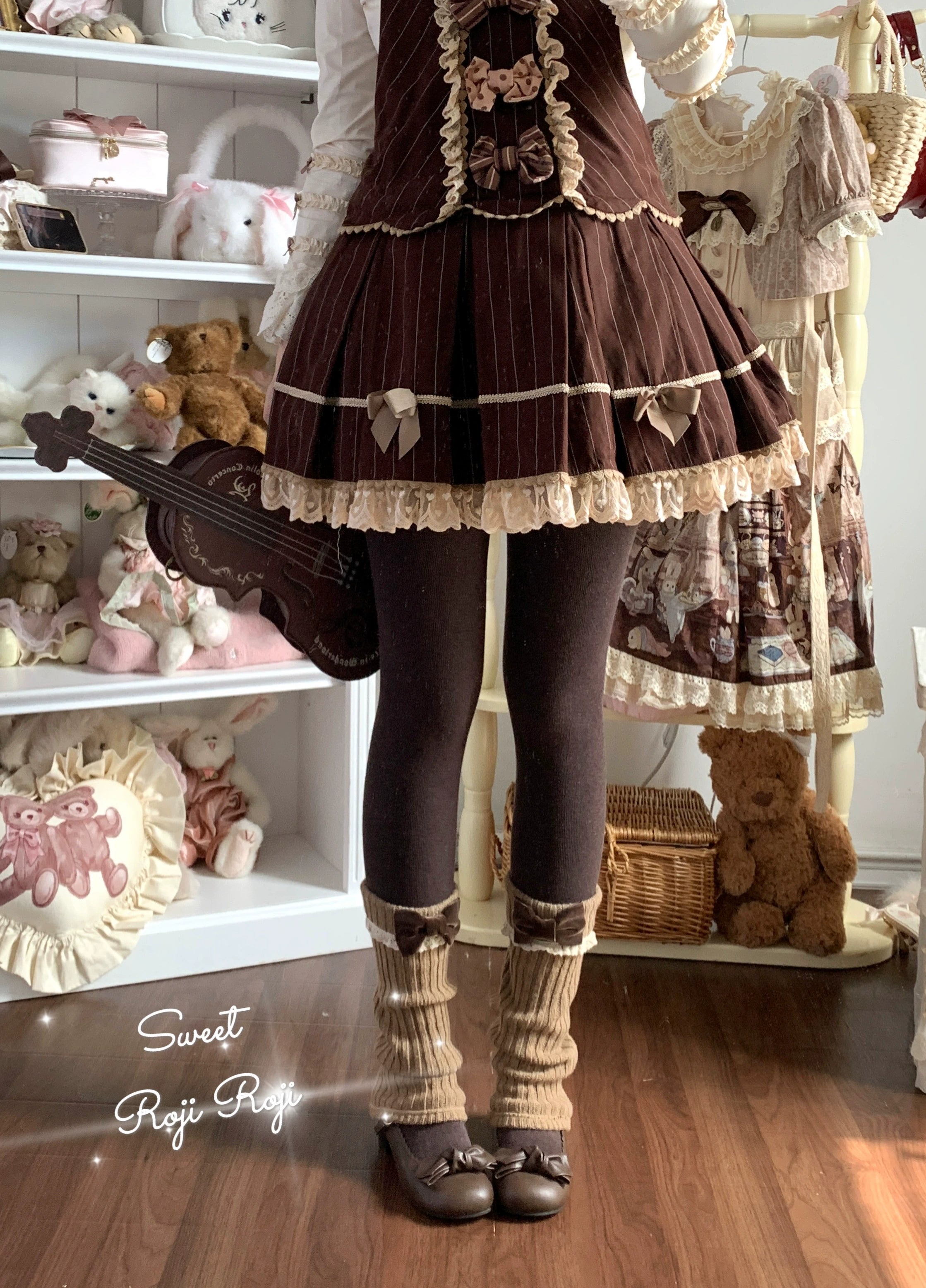 Roji Roji - Flared-Hem Lolita Leg Warmers, Velvet Bows Yellow Coffee (brown bow) One Size