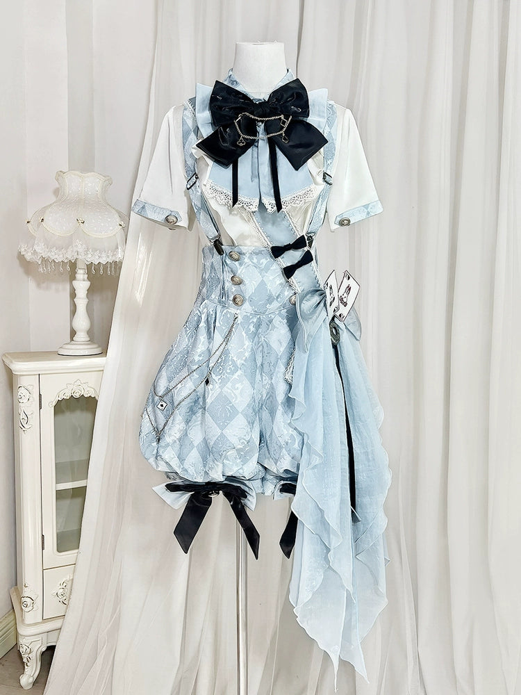 Your Princess - Alice in Time - Checkered Ouji Lolita Suit With Card & Rabbit Accents Blouse + Suspender Shorts + Sash + Pocket Watch S