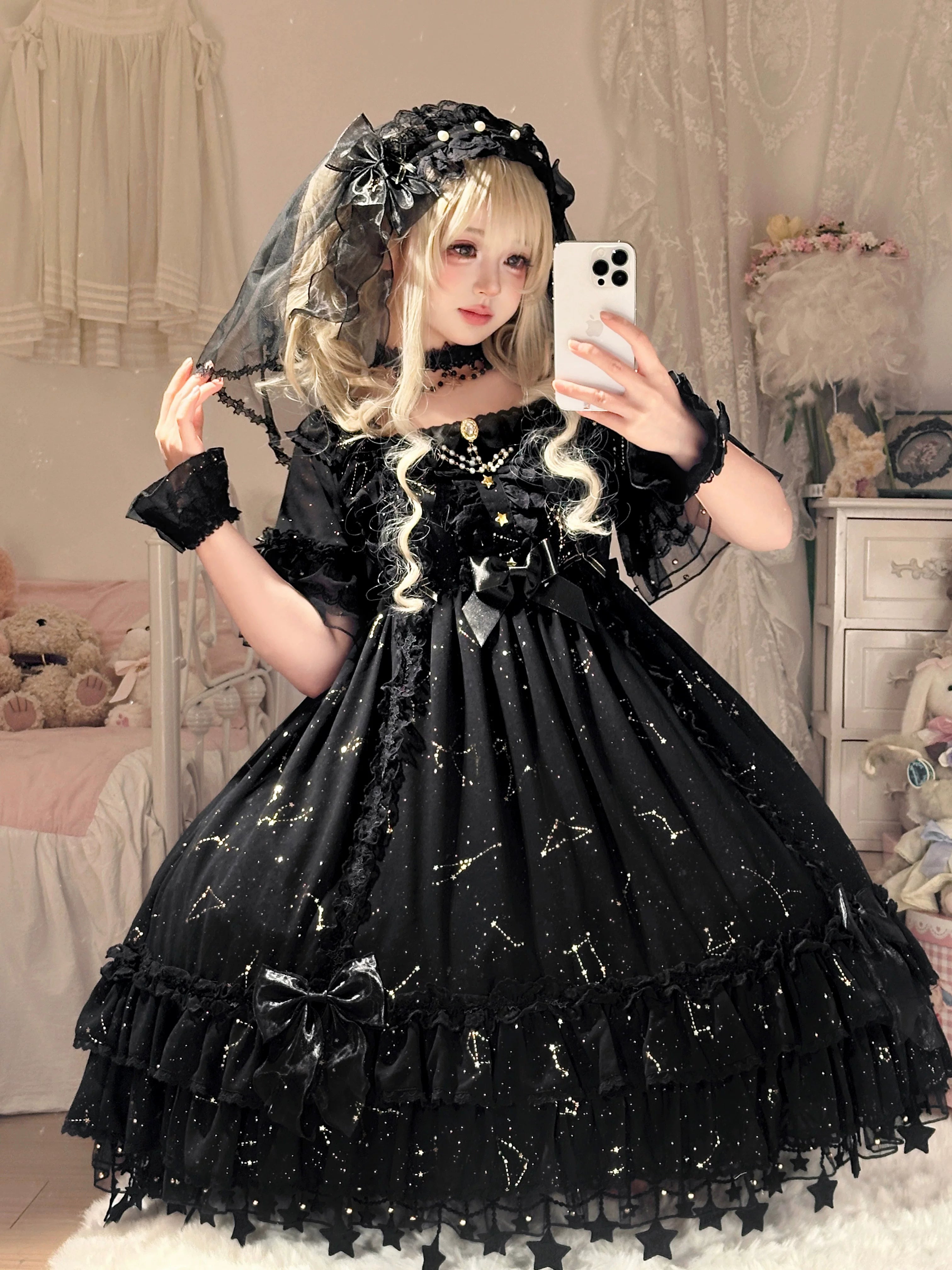 Whisper of Stars - Vintage Lolita Black OP Dress, Constellation-Themed 4556:818991