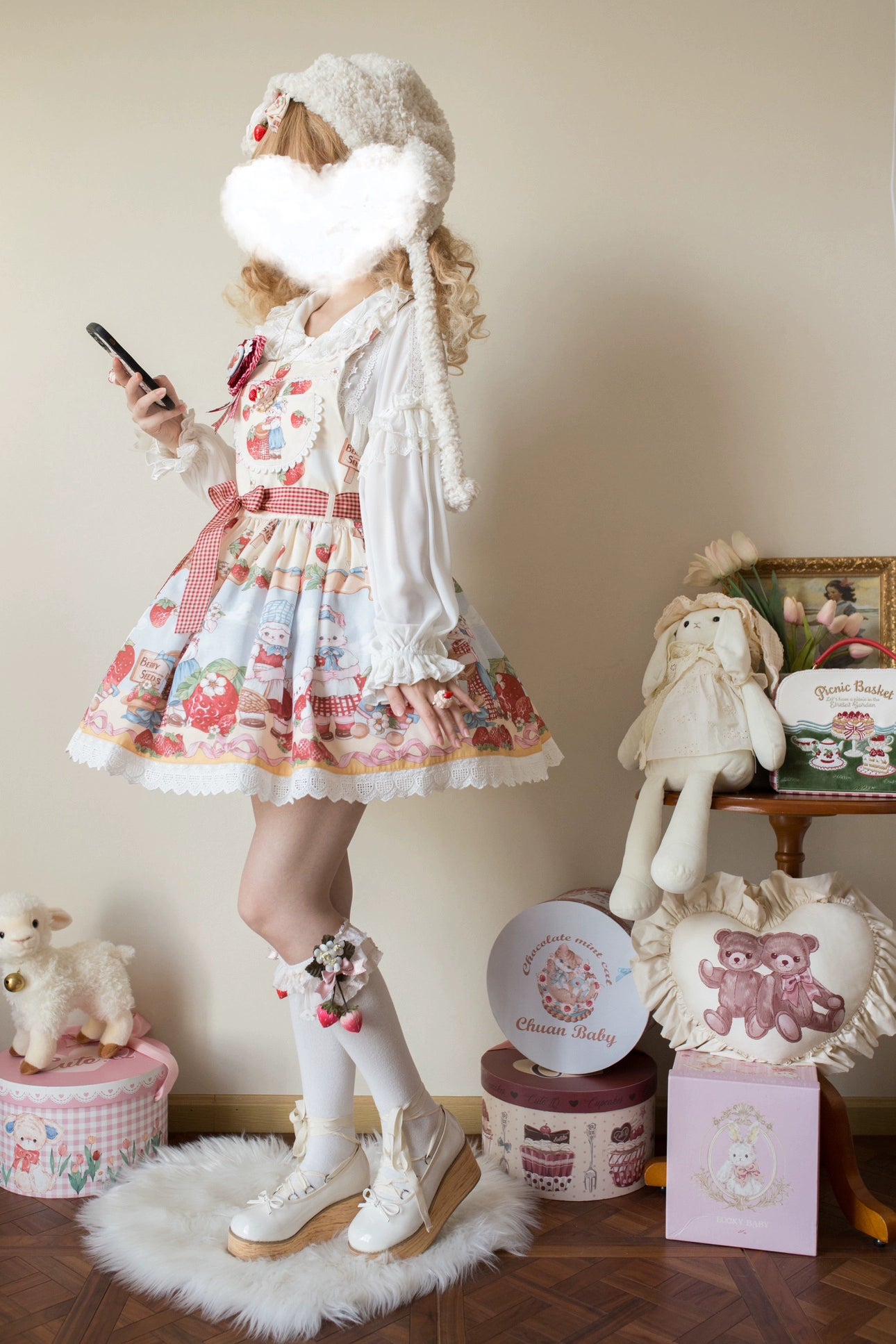 Akiyama Future Studio~Strawberry Sheep~Sweet Lolita Salopette Strawberry Sheep Print Dress   
