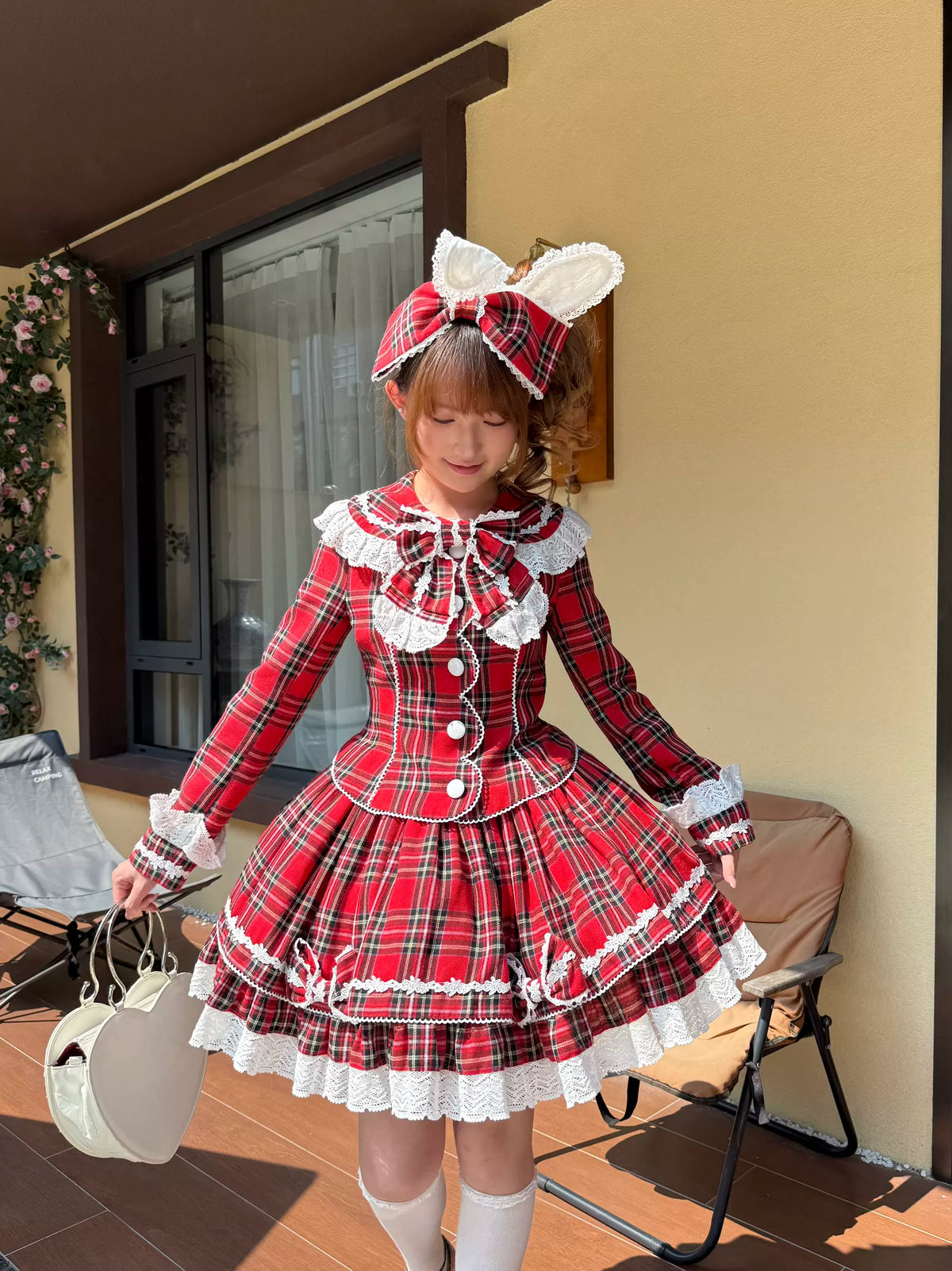 Christmas Knot - Christmas Old School Lolita Jacket & Skirt Set, Red Plaid 46051:873300