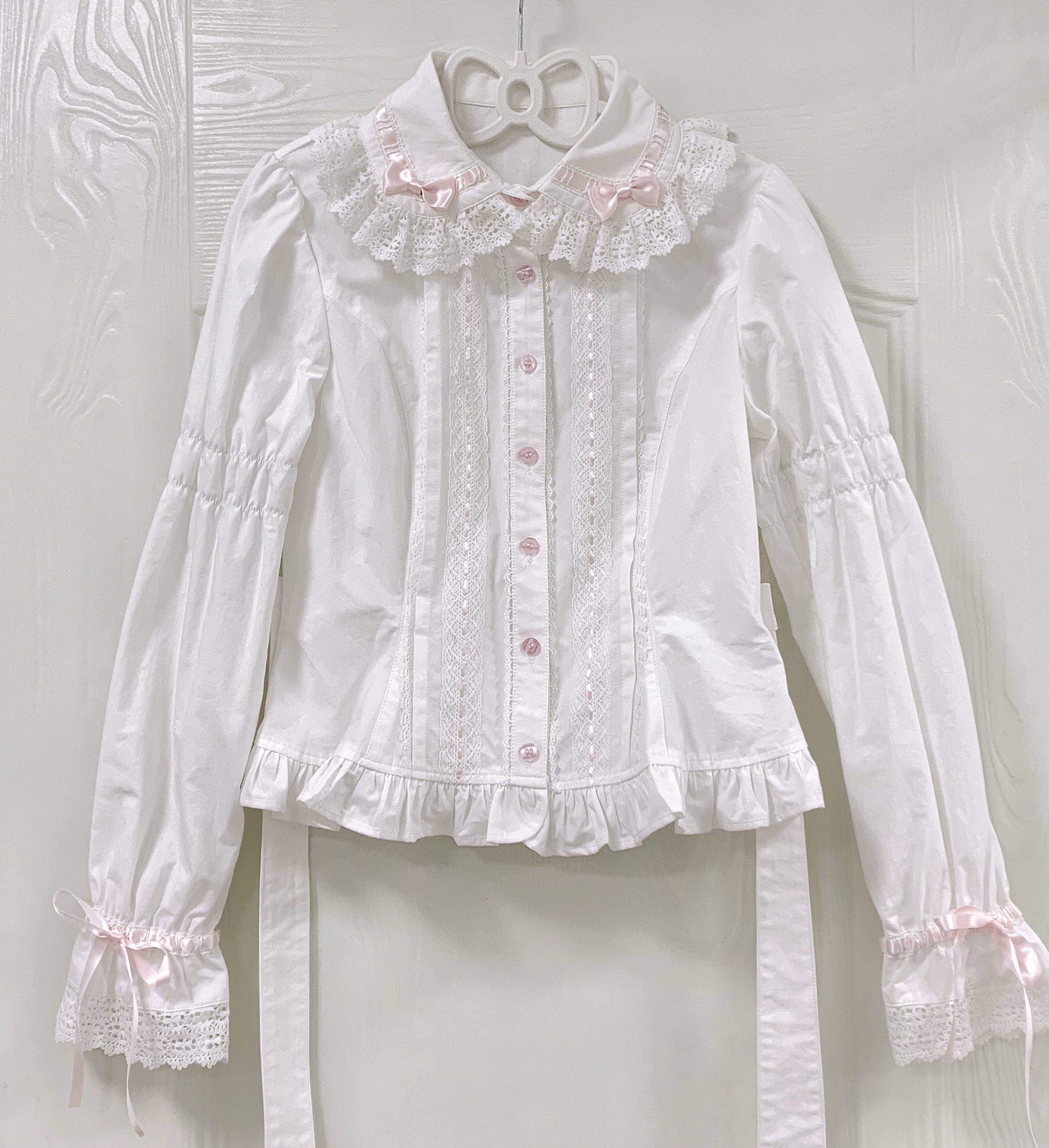Bunny's Wish - Cotton Sweet Lolita Blouse, Long Sleeve White Blouse with Pink Ribbon (Lotus Root Sleeve) XS